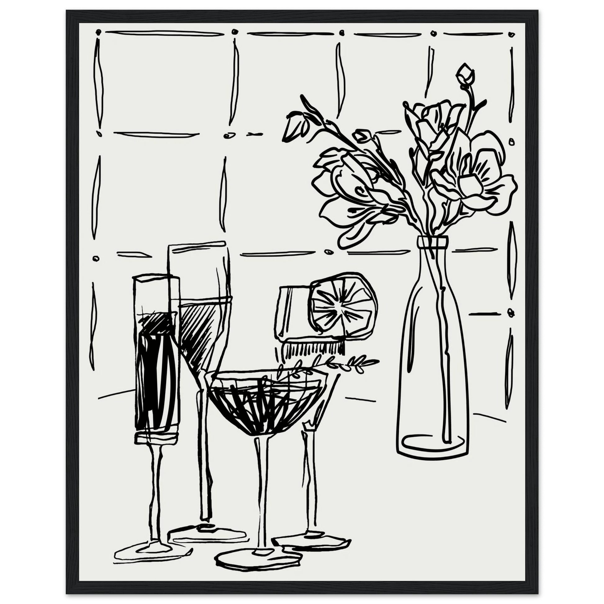 Cocktails & Flowers Print | Black Line Art Drinks Wall Art | Kitchen Bar Poster - Evergreen Posters