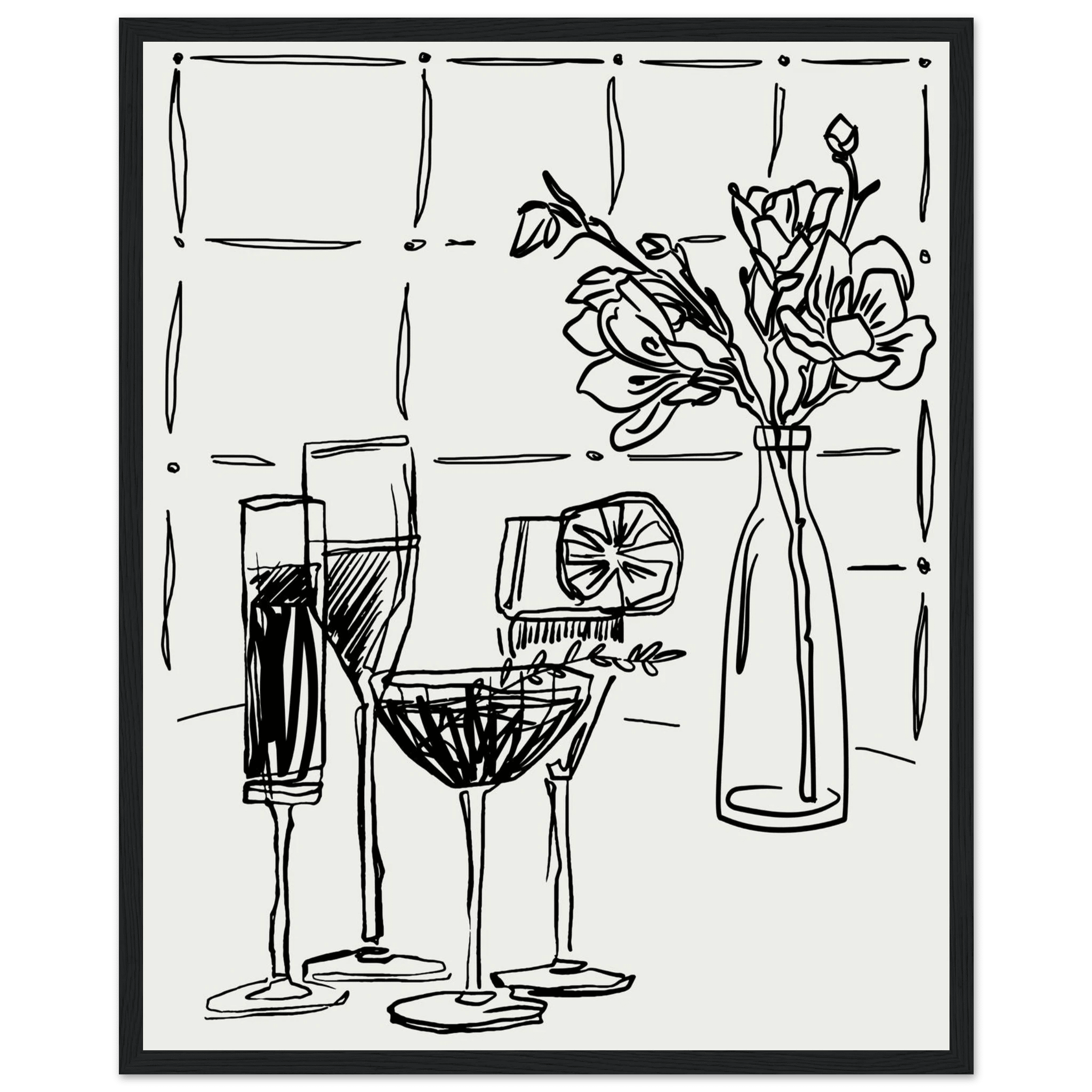 Cocktails & Flowers Print | Black Line Art Drinks Wall Art | Kitchen Bar Poster - Evergreen Posters