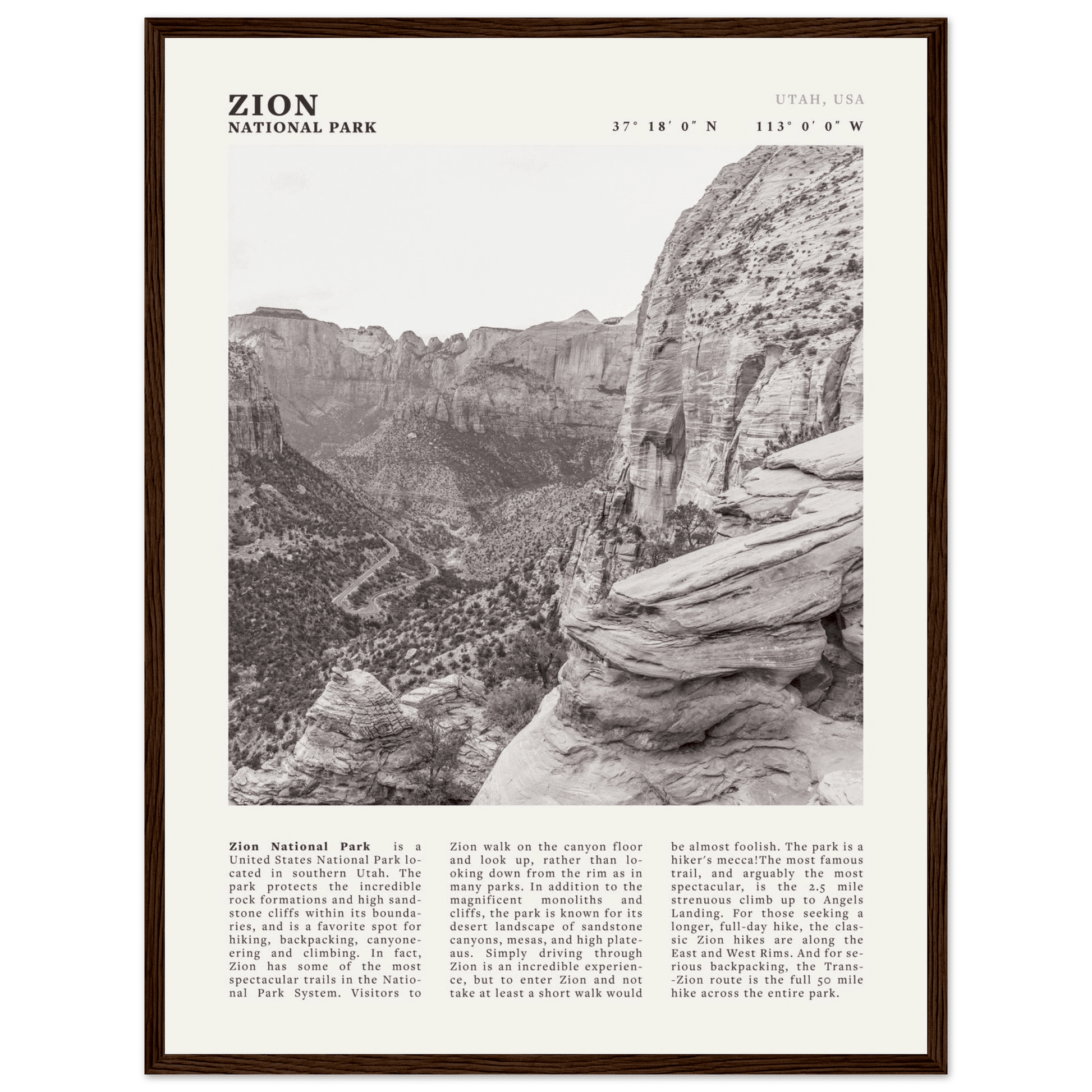 Zion National Park Poster | Black & White Utah Canyon Wall Art | USA Travel Print - Evergreen Posters