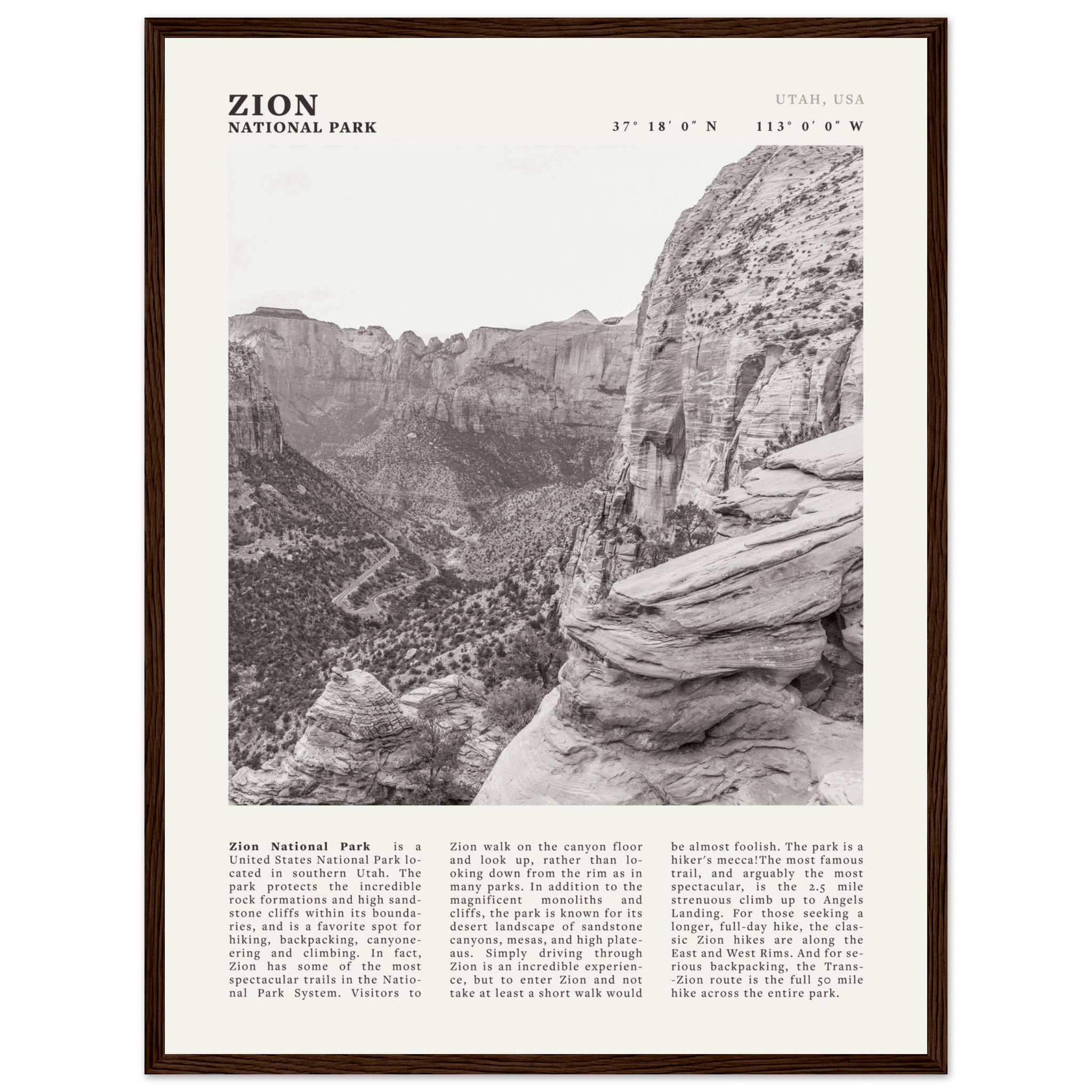 Zion National Park Poster | Black & White Utah Canyon Wall Art | USA Travel Print - Evergreen Posters