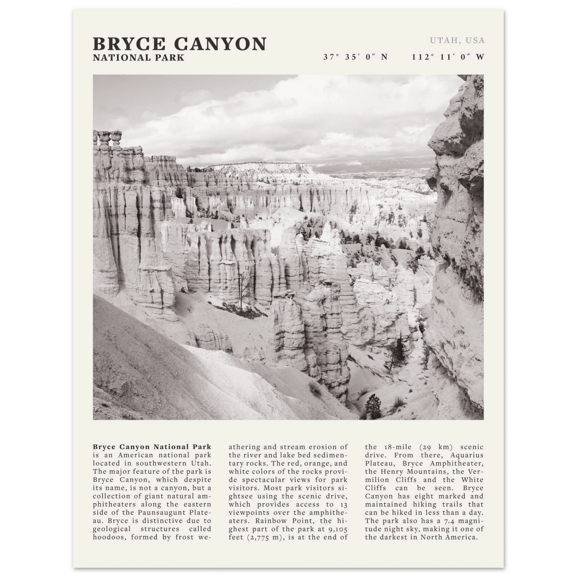 Bryce Canyon National Park Poster | Black & White Utah Hoodoos Wall Art Print - Evergreen Posters - 6