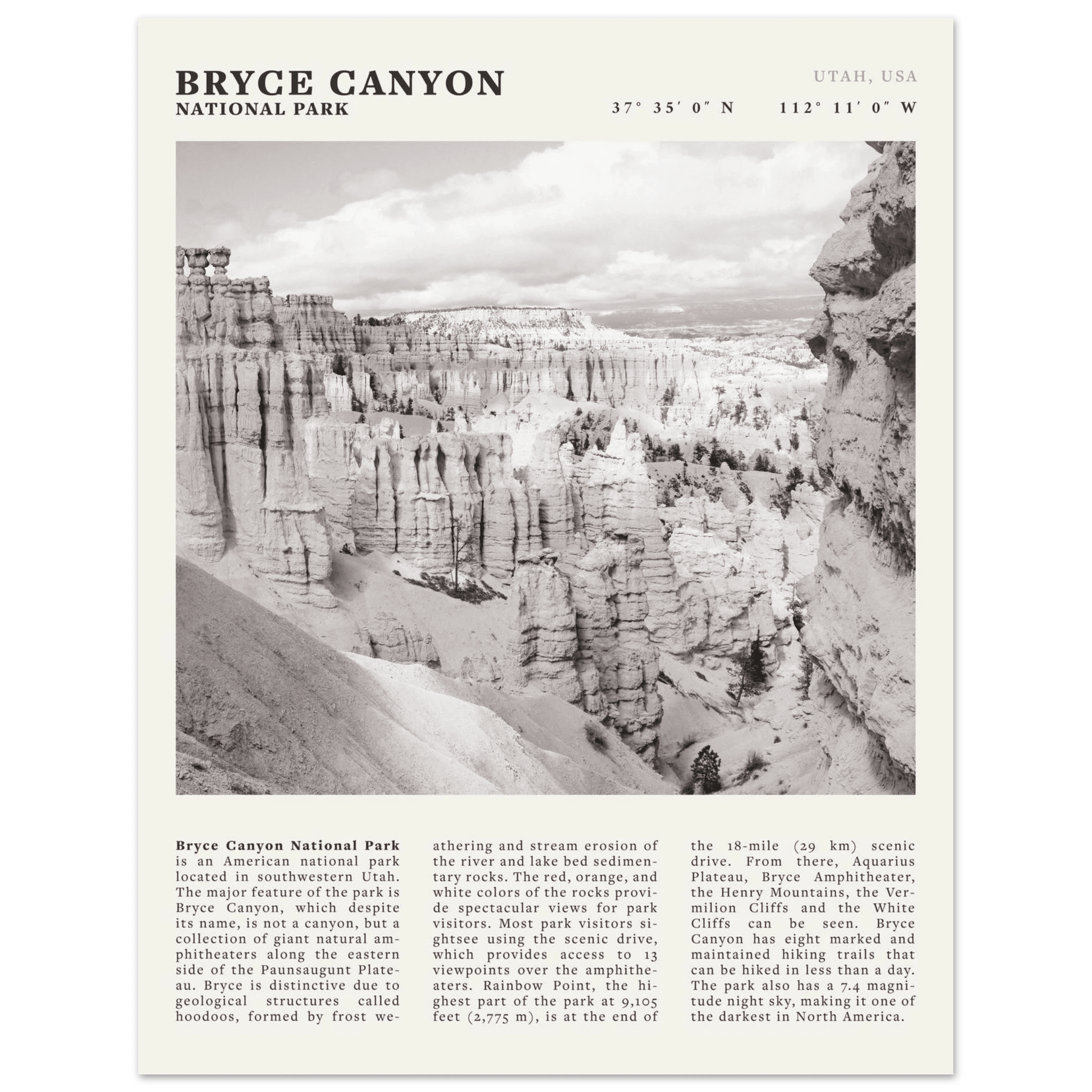 Bryce Canyon National Park Poster | Black & White Utah Hoodoos Wall Art Print - Evergreen Posters - 6