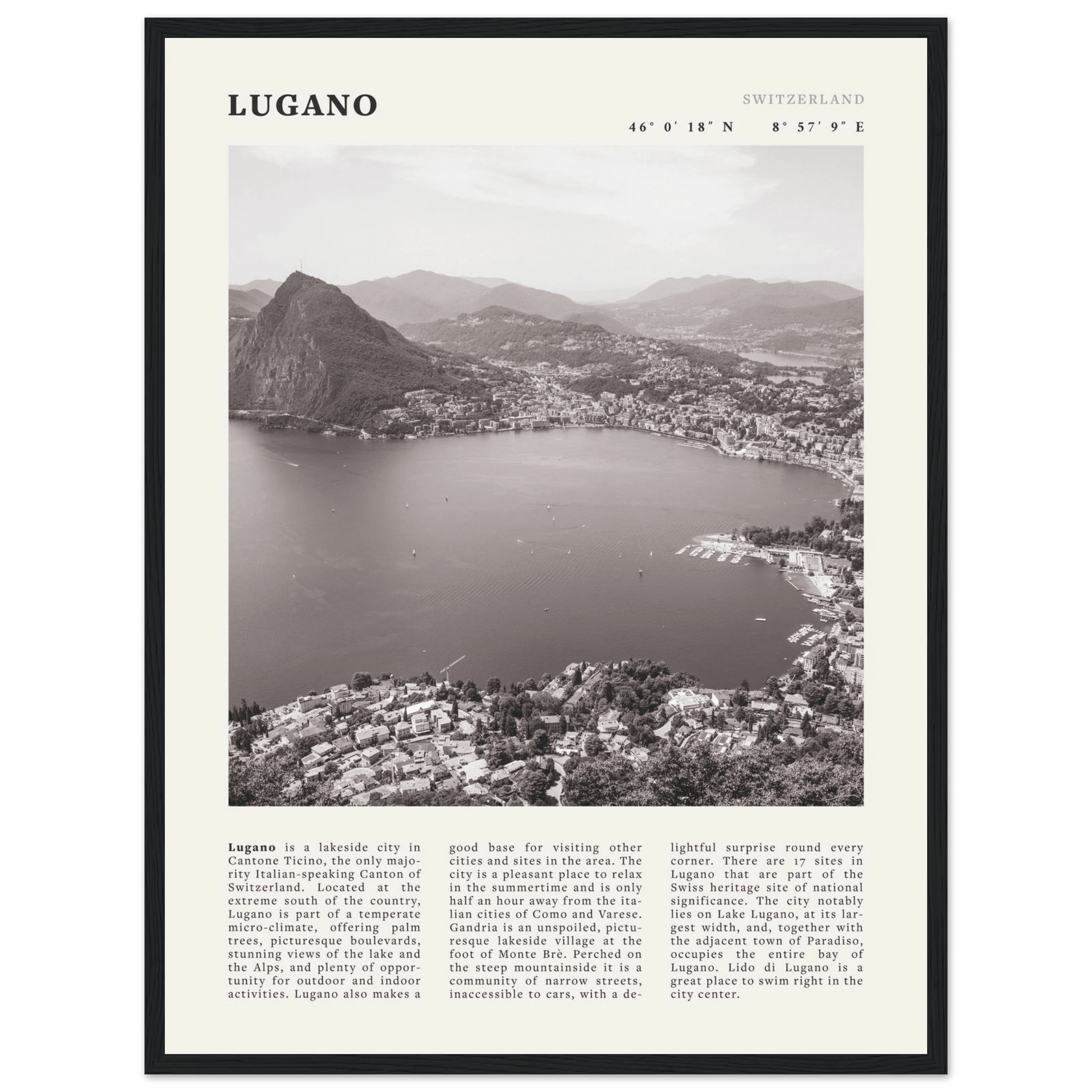 Lugano Poster | Black & White Swiss Lake Wall Art | Switzerland Travel Print - Evergreen Posters