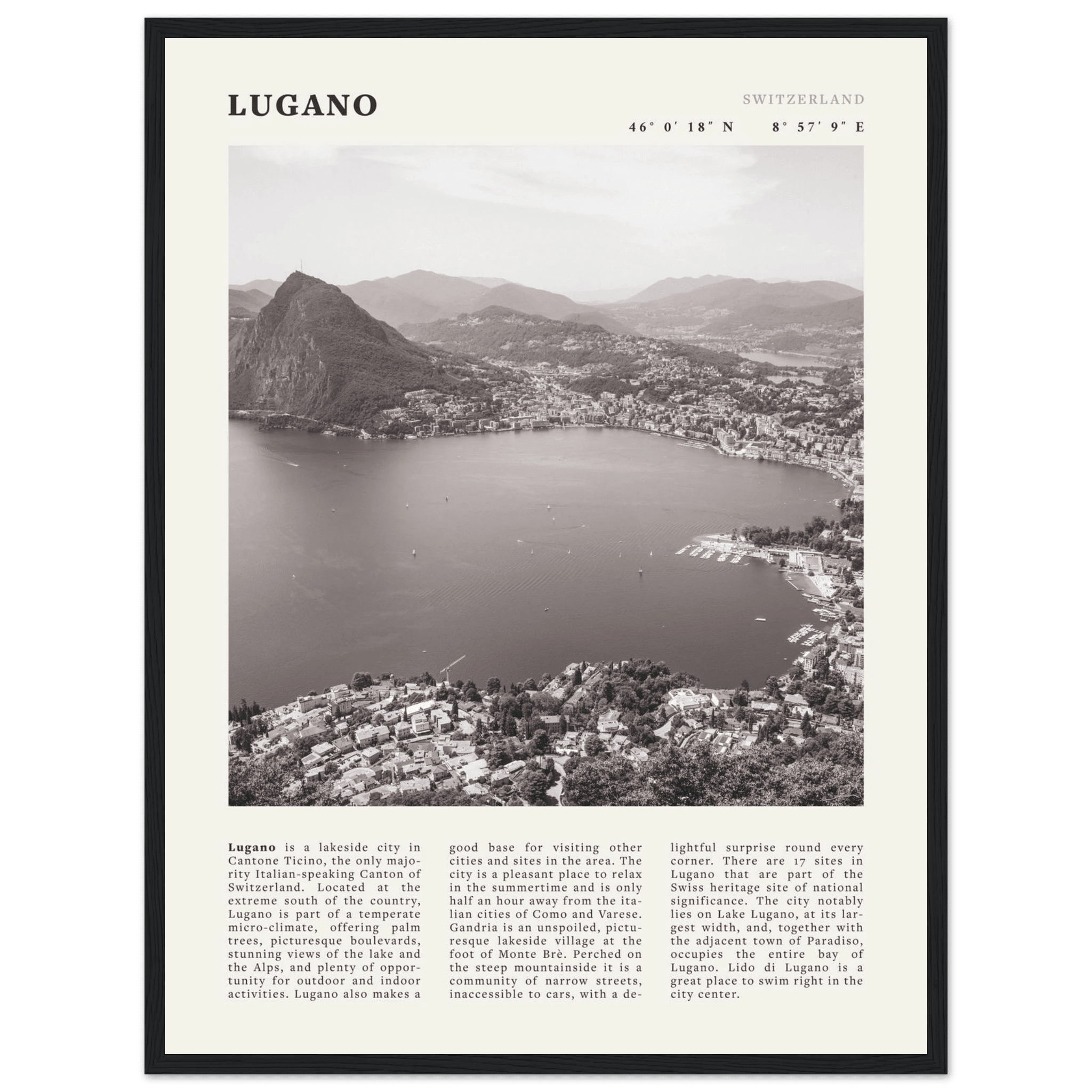 Lugano Poster | Black & White Swiss Lake Wall Art | Switzerland Travel Print - Evergreen Posters