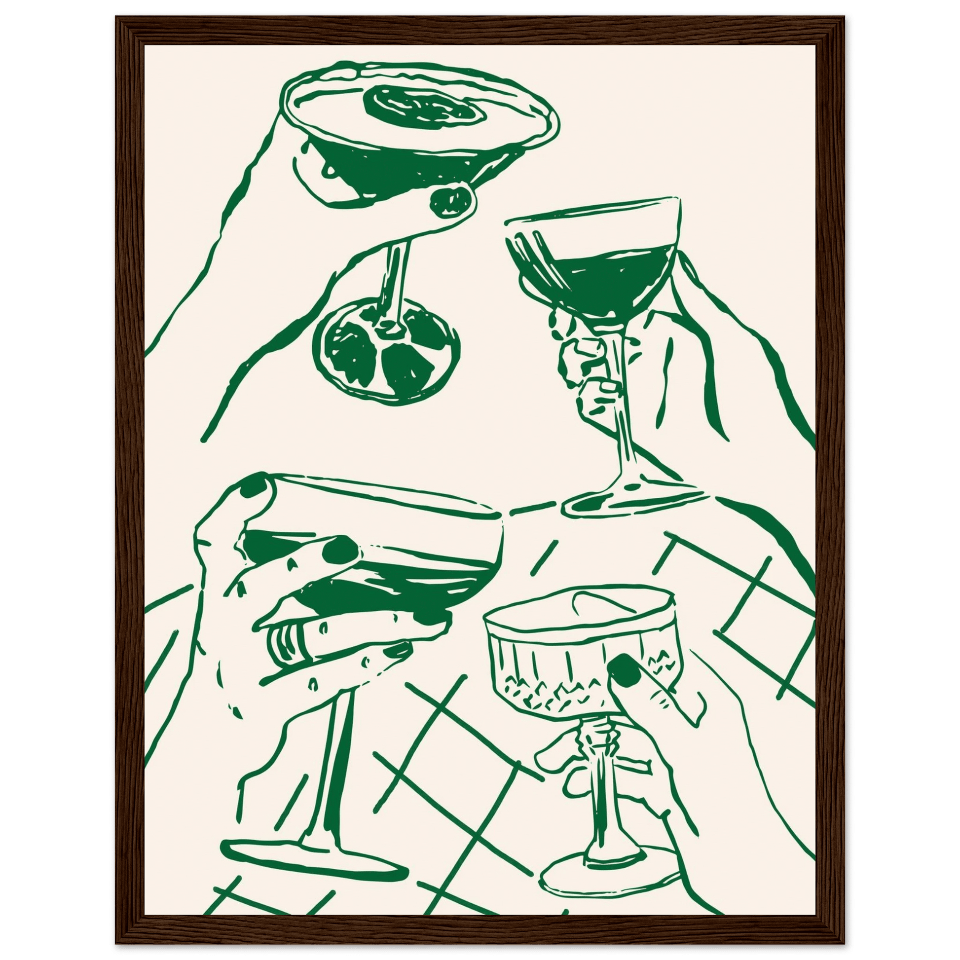 Cheers Print | Forest Green Cocktail Glasses Wall Art | Kitchen Bar Poster - Evergreen Posters