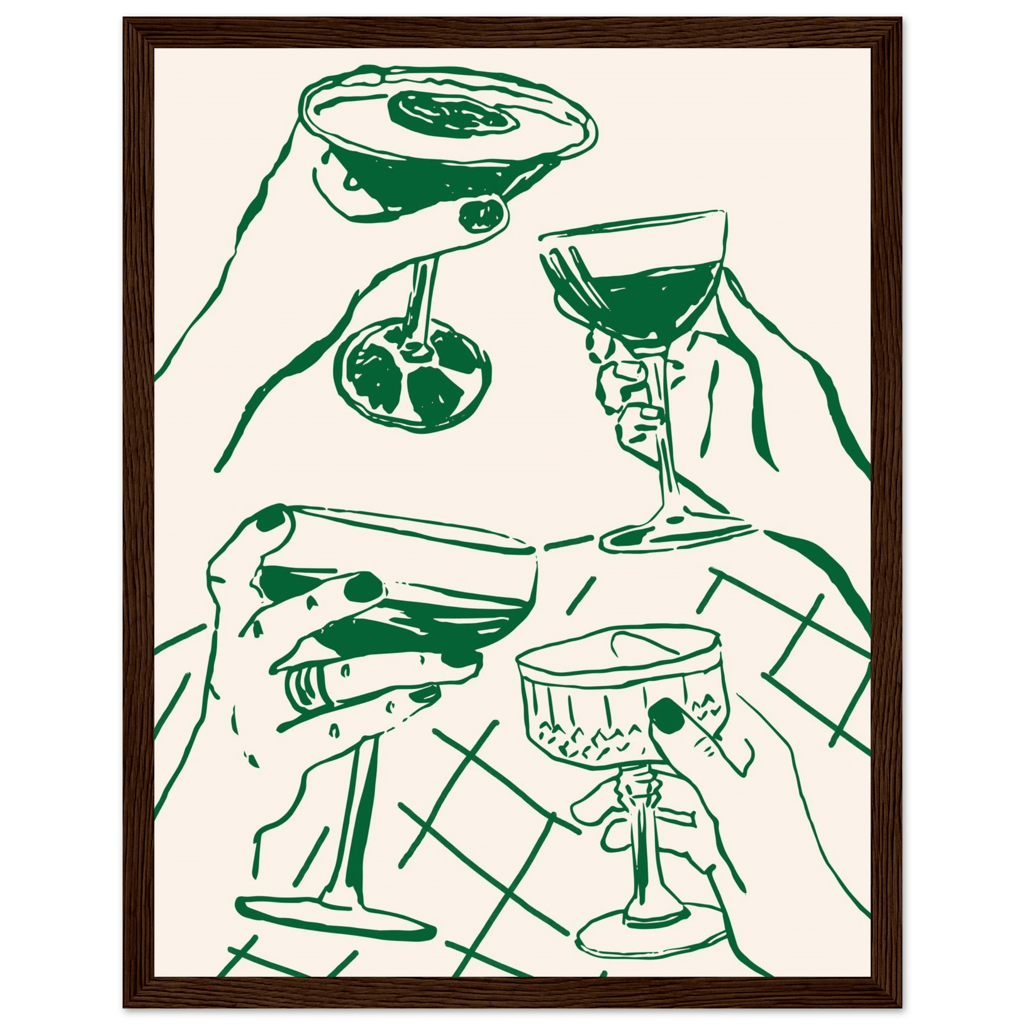 Cheers Print | Forest Green Cocktail Glasses Wall Art | Kitchen Bar Poster - Evergreen Posters