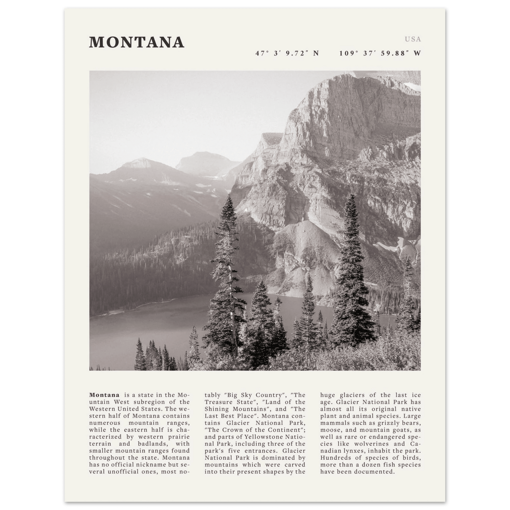 Montana Poster | Black & White Glacier National Park Wall Art | Nature Travel Print - Evergreen Posters