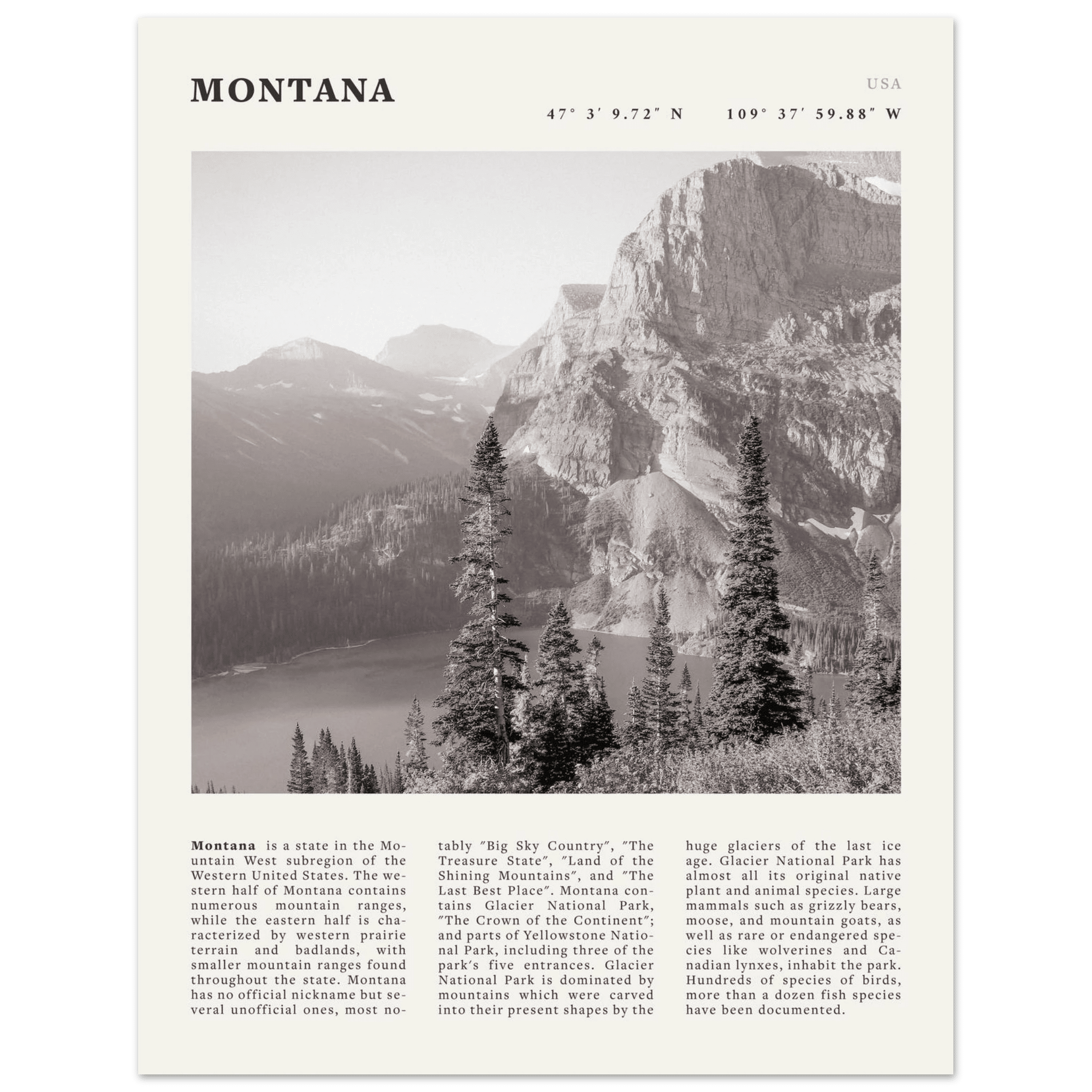 Montana Poster | Black & White Glacier National Park Wall Art | Nature Travel Print - Evergreen Posters