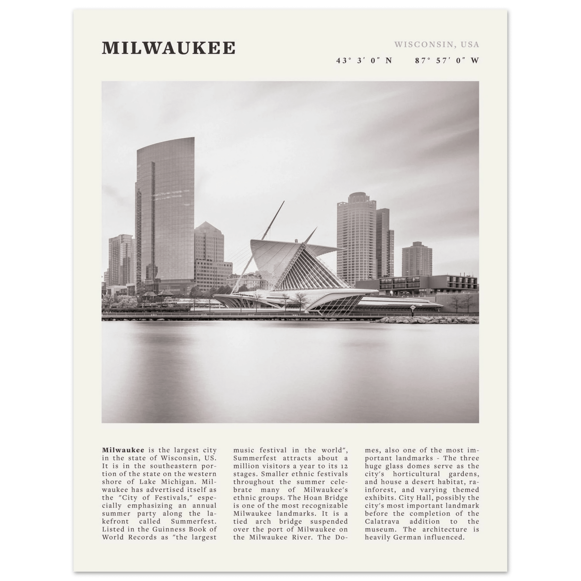 Milwaukee Poster | Black & White Wisconsin City Wall Art | USA Travel Print - Evergreen Posters