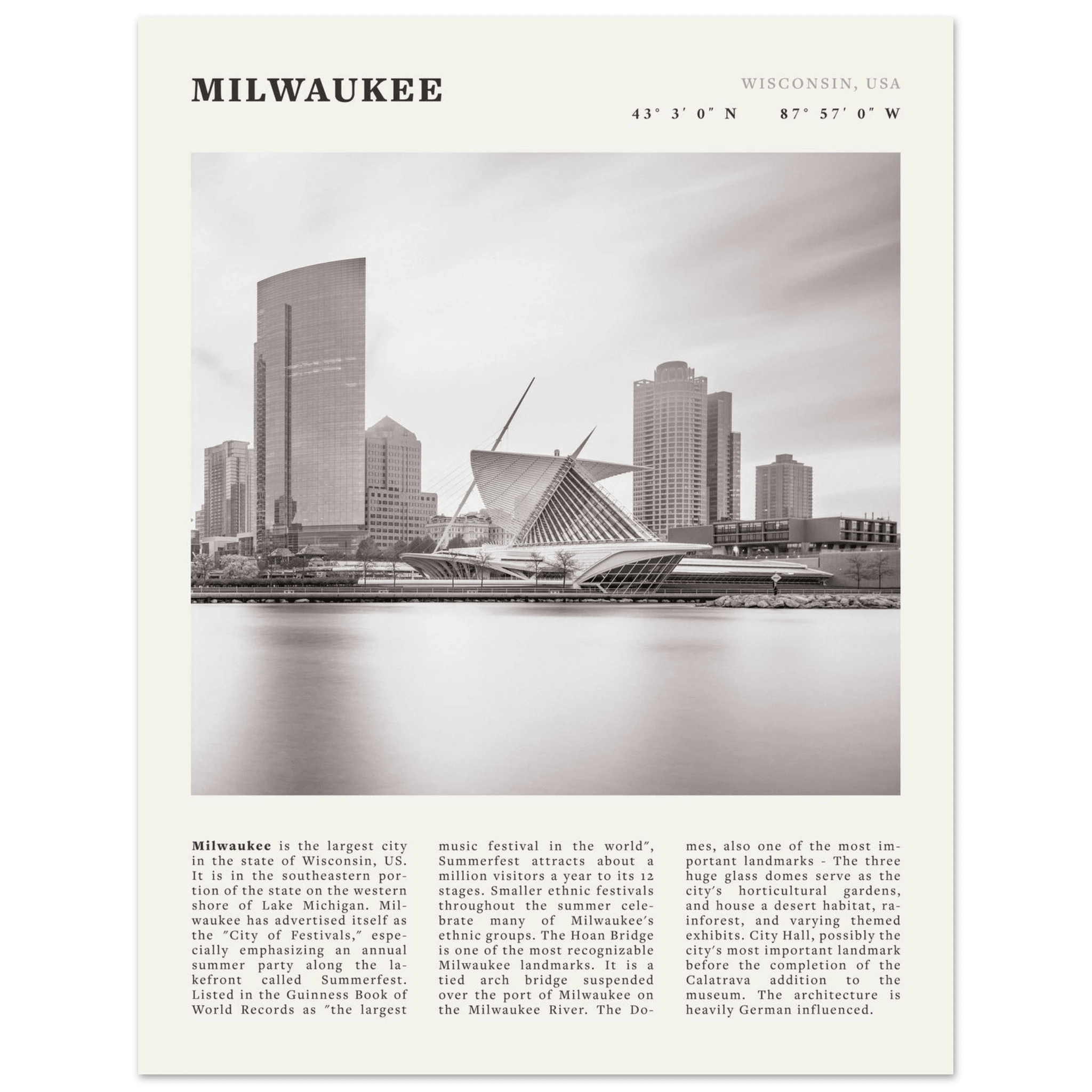 Milwaukee Poster | Black & White Wisconsin City Wall Art | USA Travel Print - Evergreen Posters