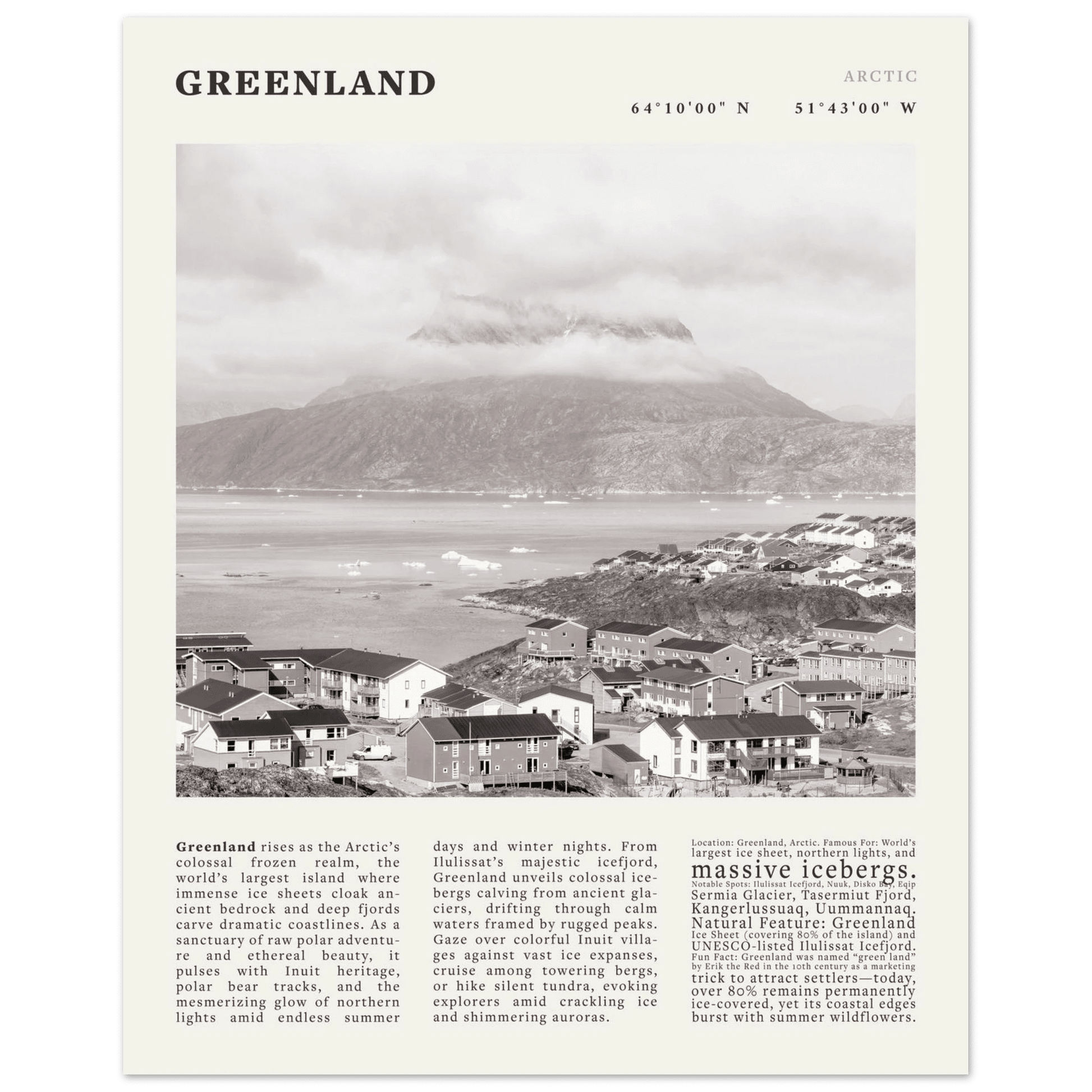 Greenland Poster Black and White – Vintage Arctic Fjord Landscape Print (Digital & Printed Options) - Evergreen Posters
