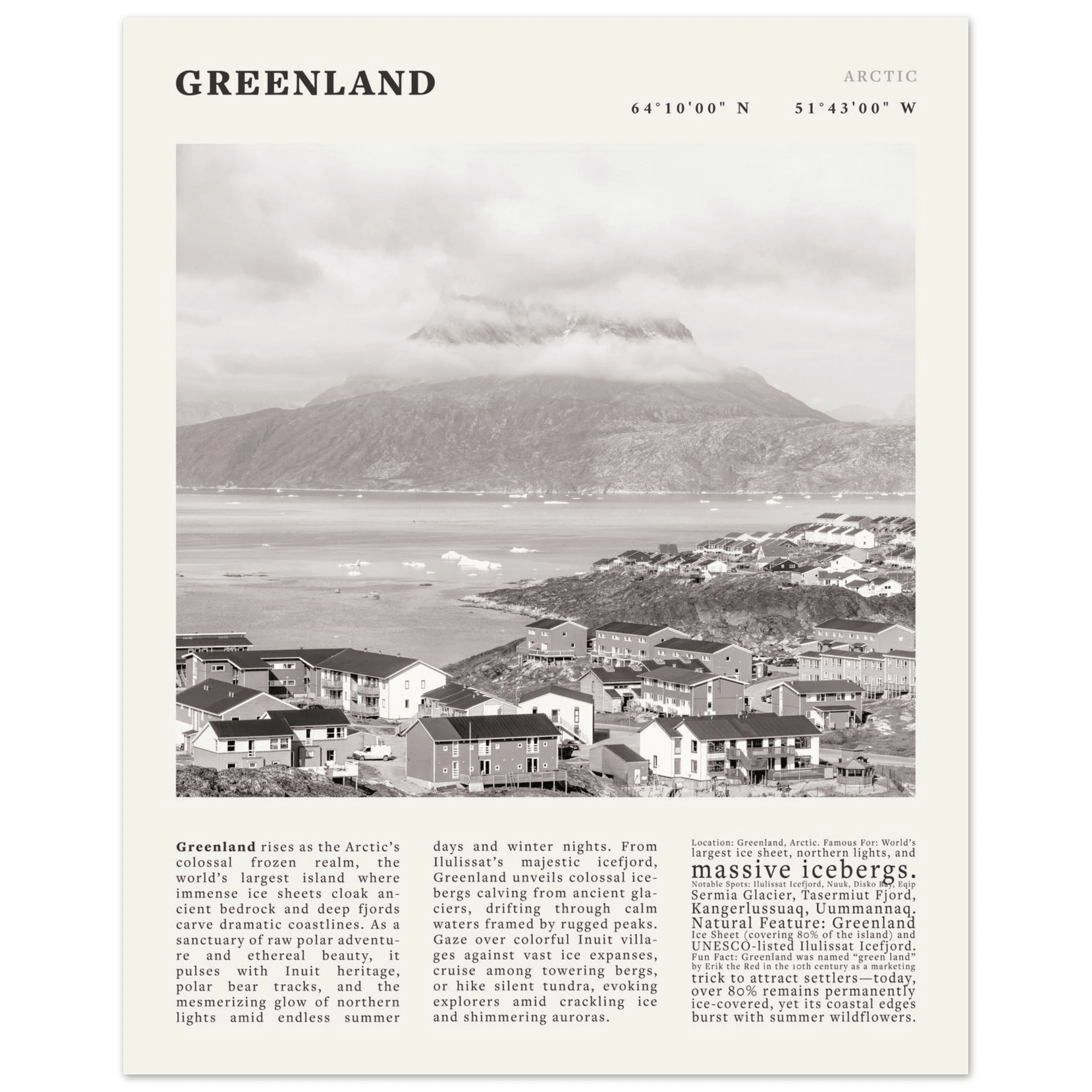 Greenland Poster Black and White – Vintage Arctic Fjord Landscape Print (Digital & Printed Options) - Evergreen Posters