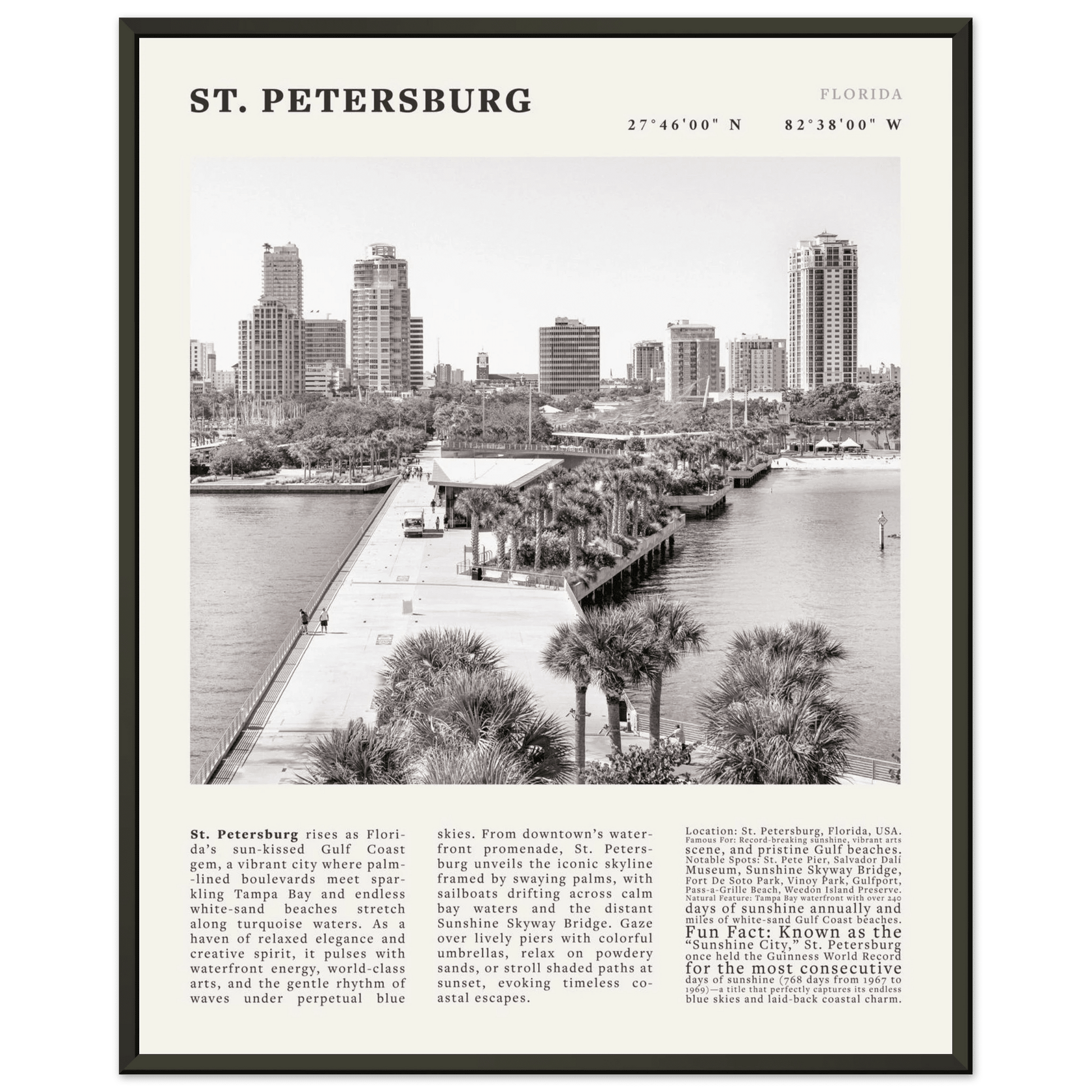 St. Petersburg Florida Poster Black and White – Vintage St Pete Skyline Print (Digital & Printed Options) - Evergreen Posters
