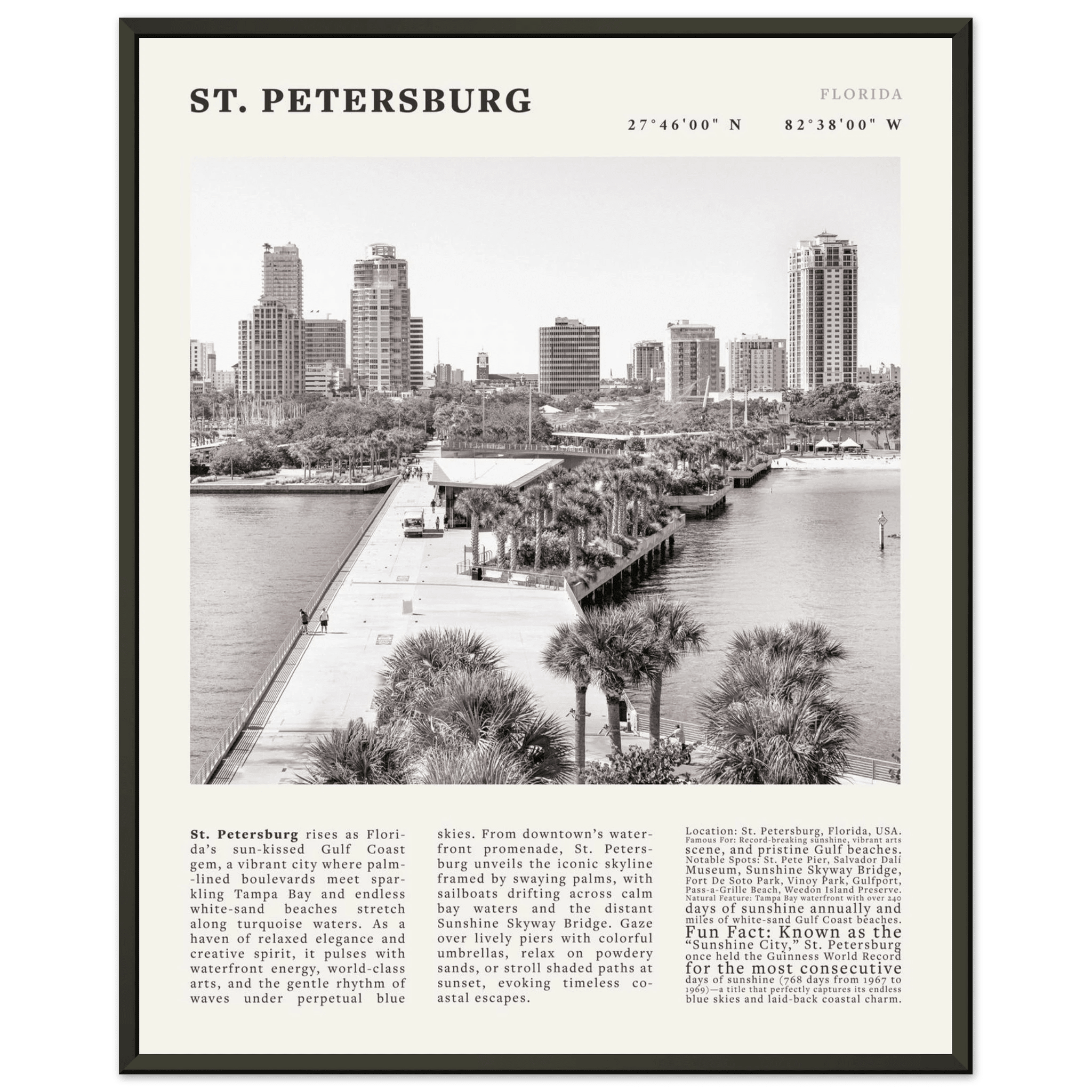St. Petersburg Florida Poster Black and White – Vintage St Pete Skyline Print (Digital & Printed Options) - Evergreen Posters