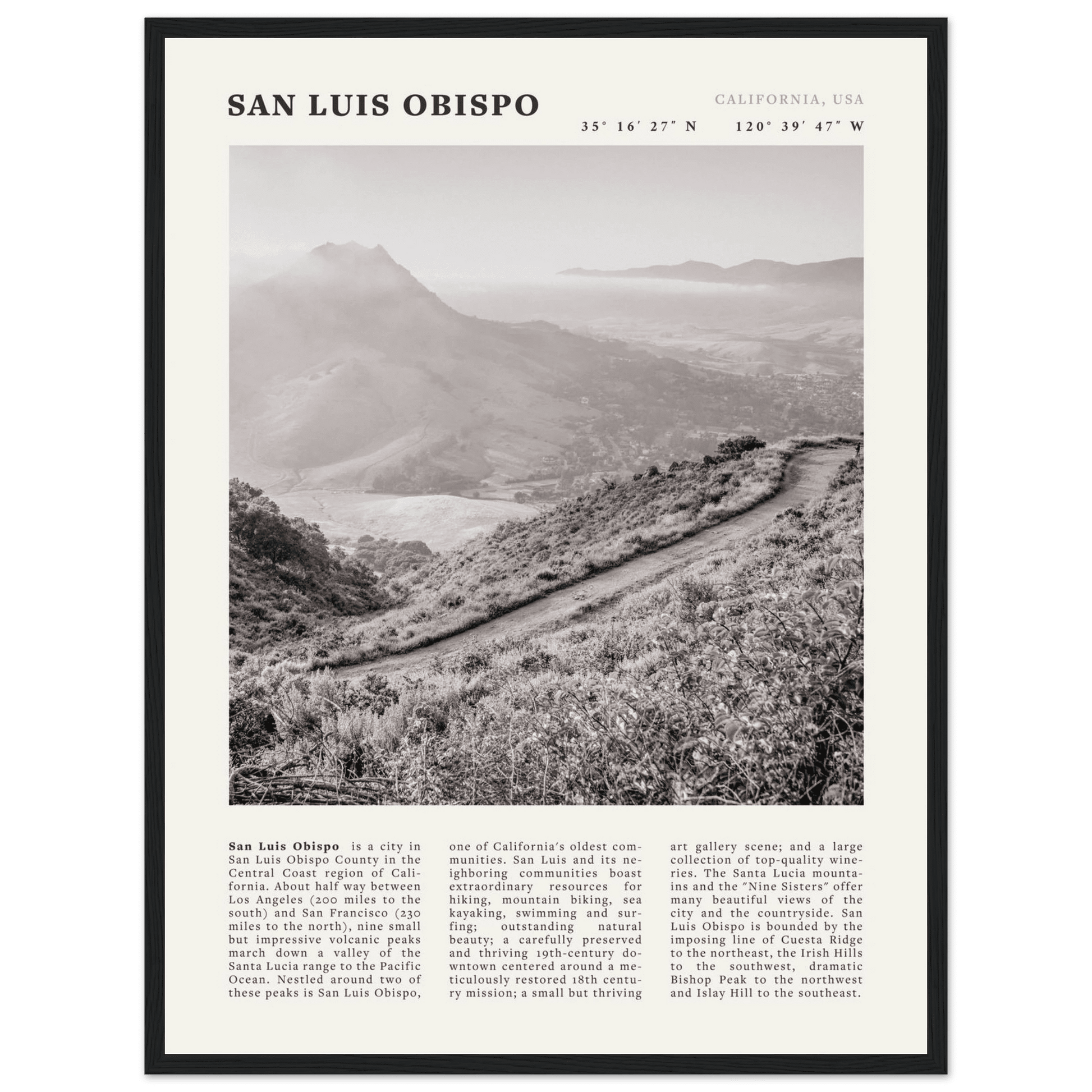 San Luis Obispo Poster | Black & White California Wall Art | SLO Travel Print - Evergreen Posters