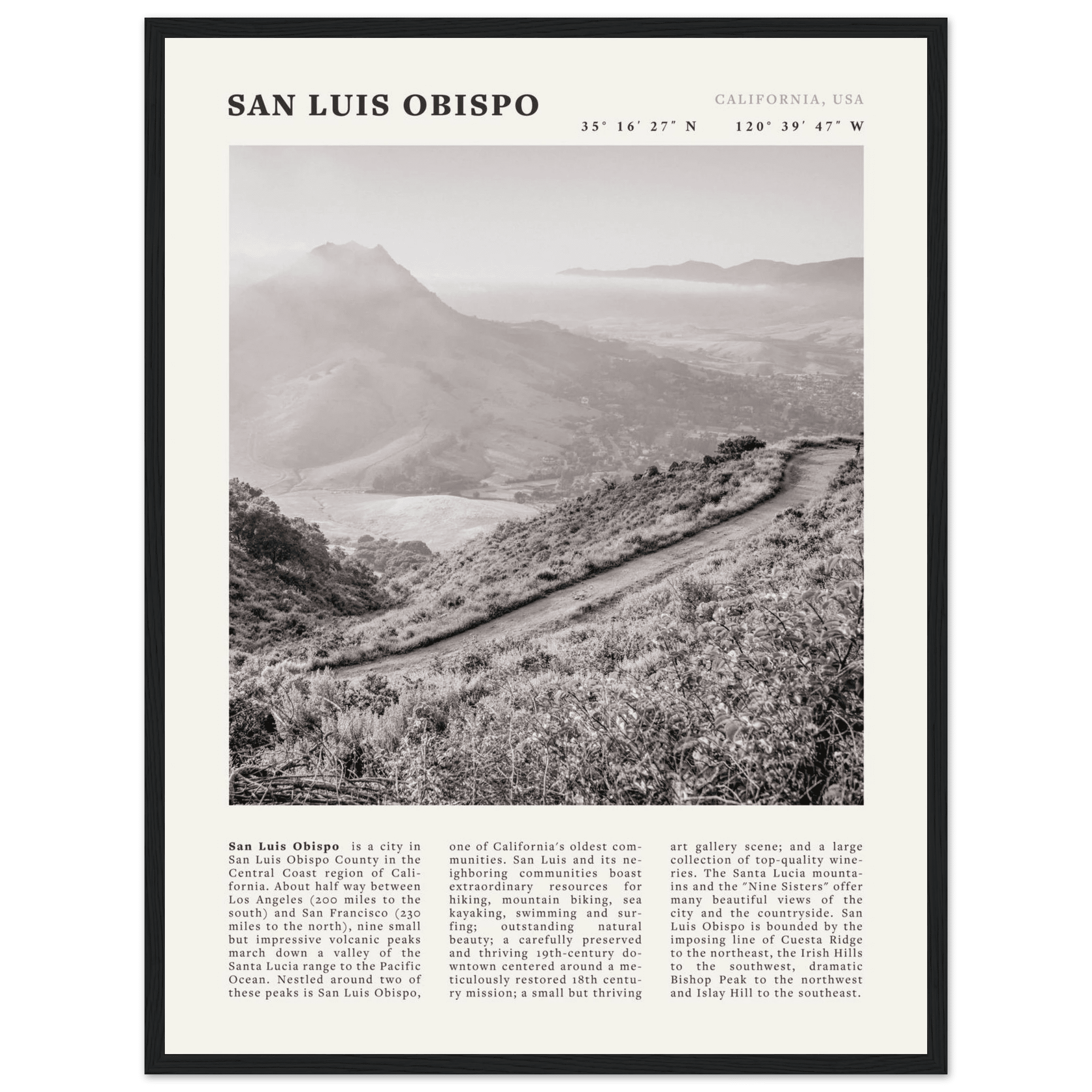 San Luis Obispo Poster | Black & White California Wall Art | SLO Travel Print - Evergreen Posters