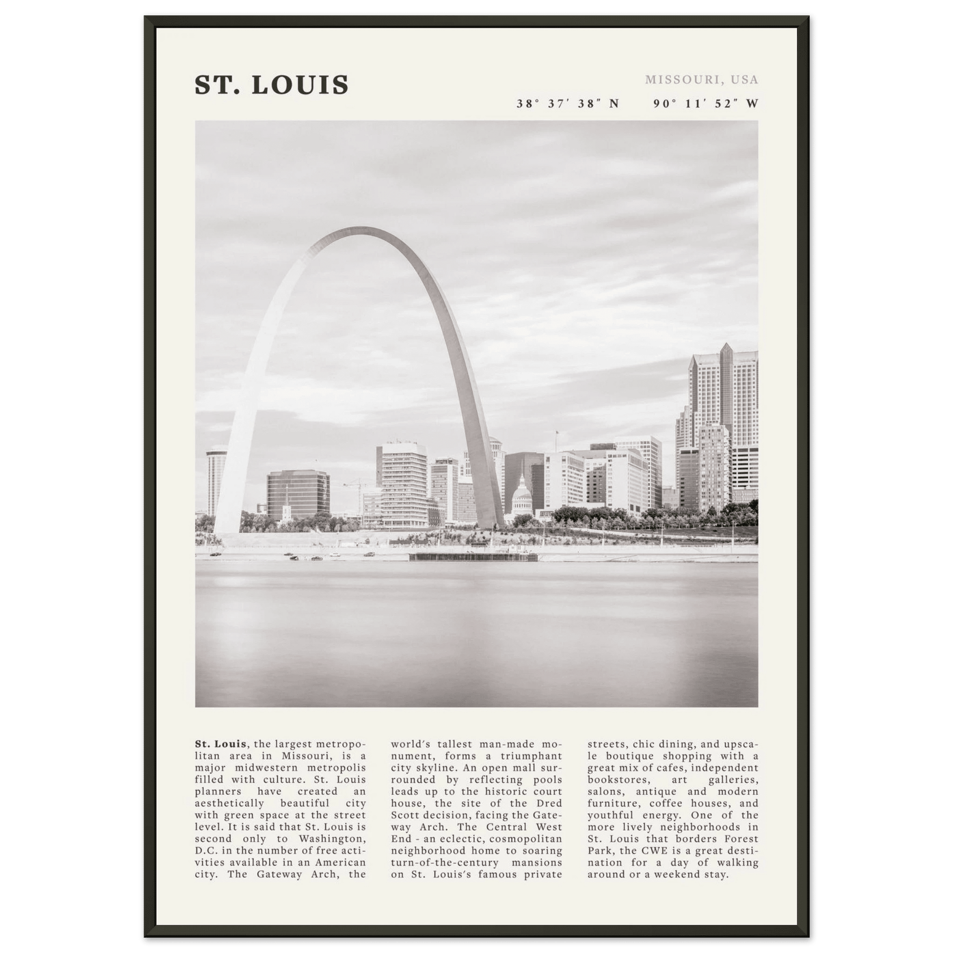 St. Louis Poster | Black & White Gateway Arch Wall Art | Missouri Travel Print - Evergreen Posters
