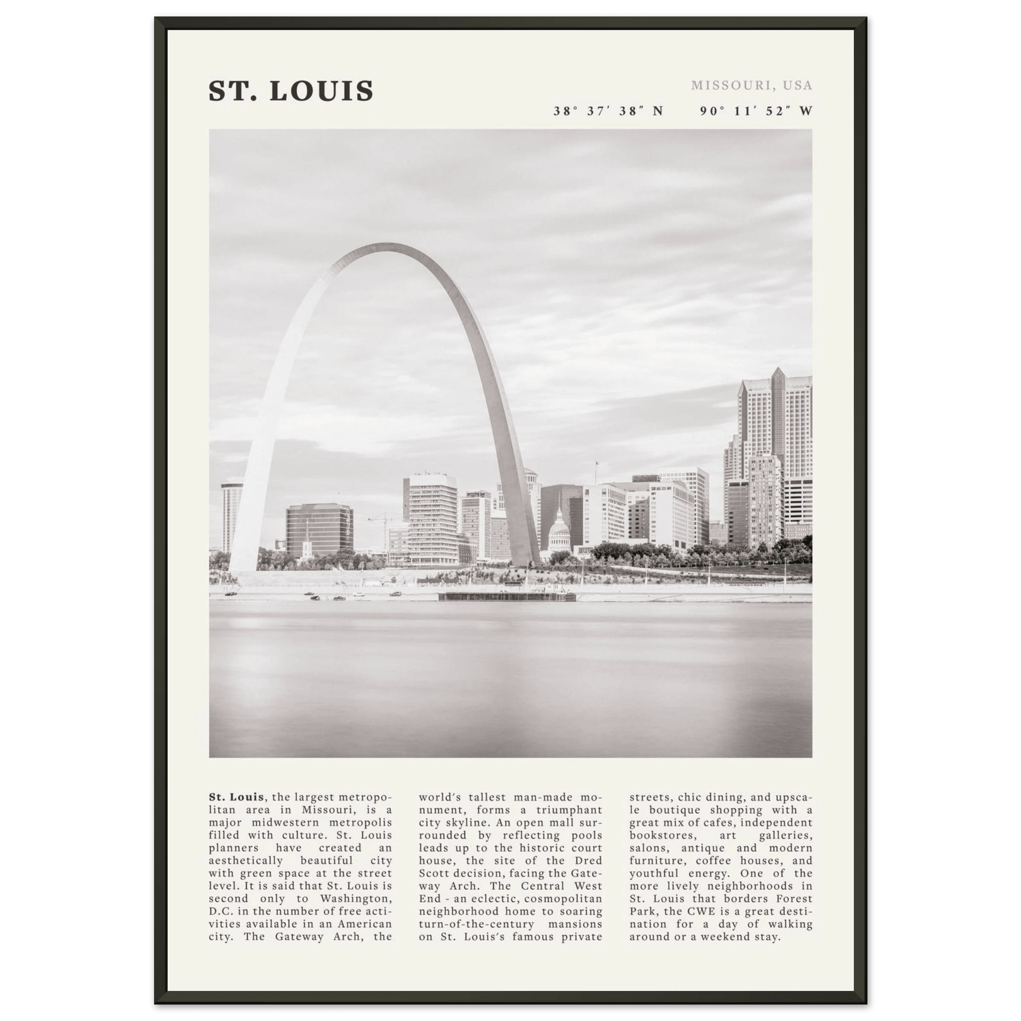 St. Louis Poster | Black & White Gateway Arch Wall Art | Missouri Travel Print - Evergreen Posters