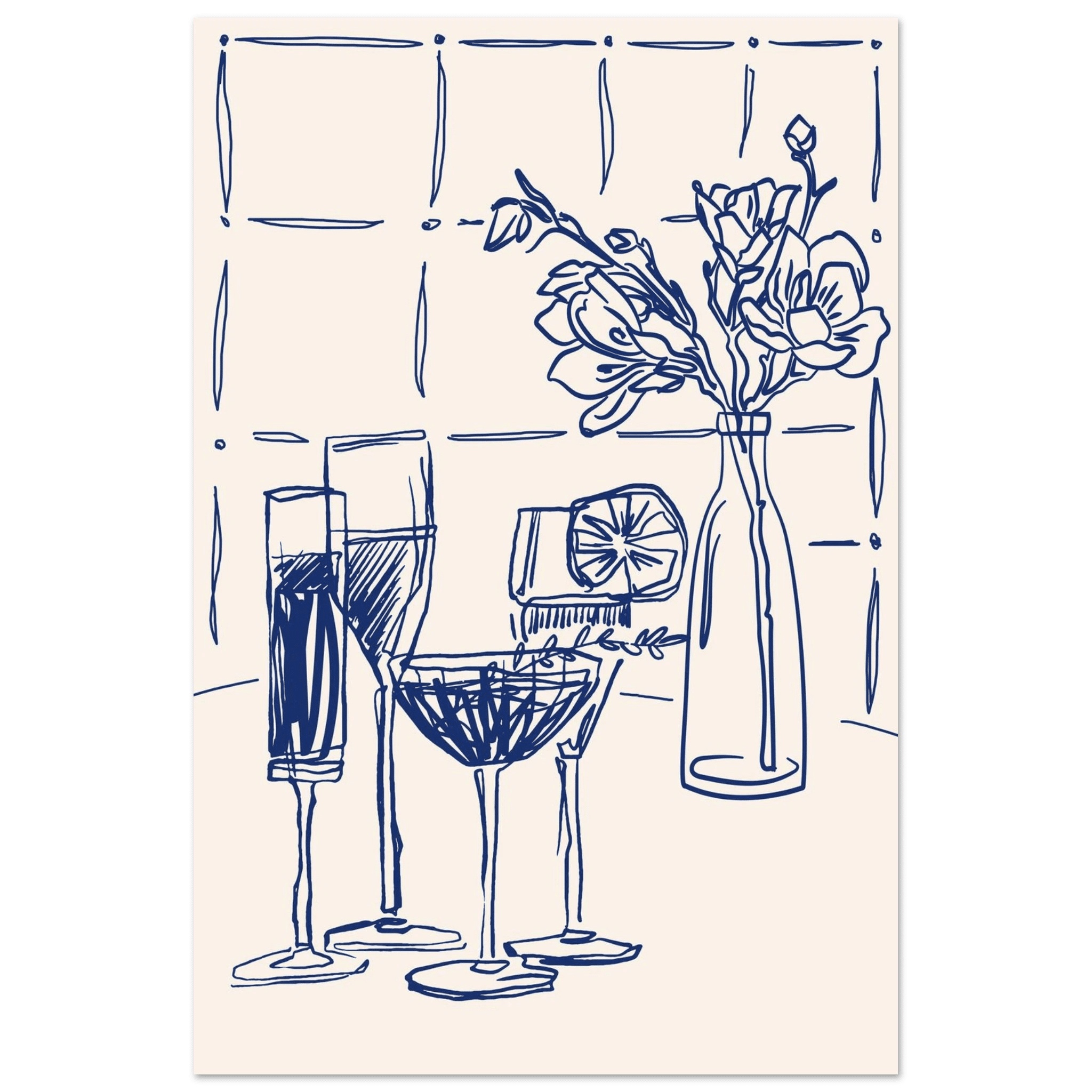 Cocktails & Flowers Print | Navy Blue Line Art Drinks Wall Art | Kitchen Bar Poster - Evergreen Posters