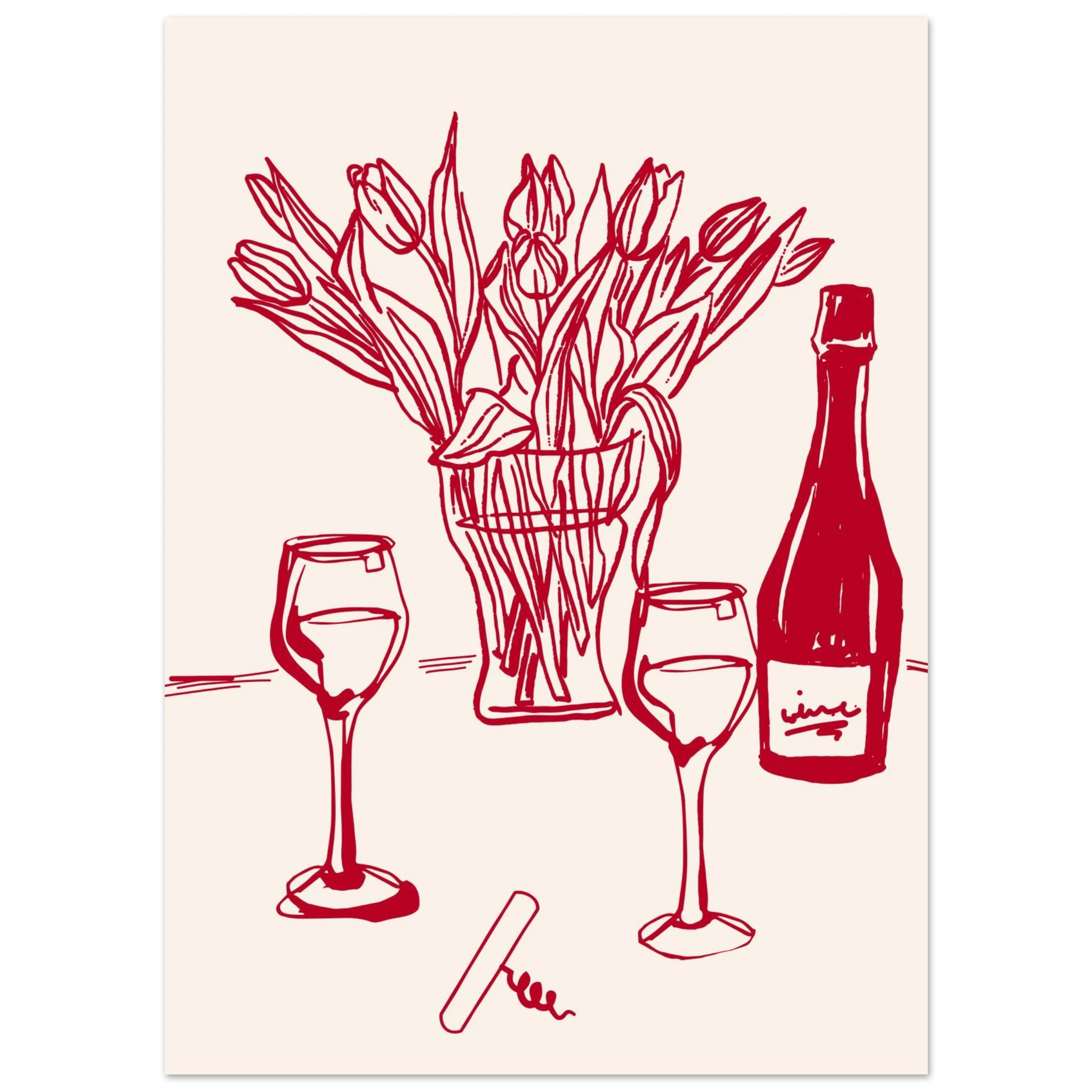 Red Wine & Tulips Print | Line Art Wine Bottle Wall Art | Kitchen Poster - Evergreen Posters