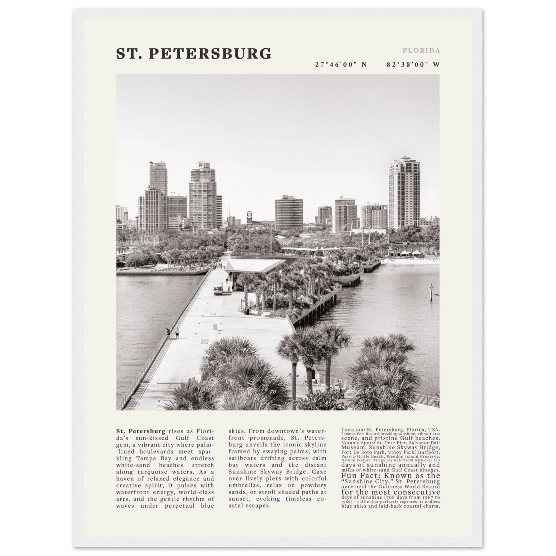 St. Petersburg Florida Poster Black and White – Vintage St Pete Skyline Print (Digital & Printed Options) - Evergreen Posters