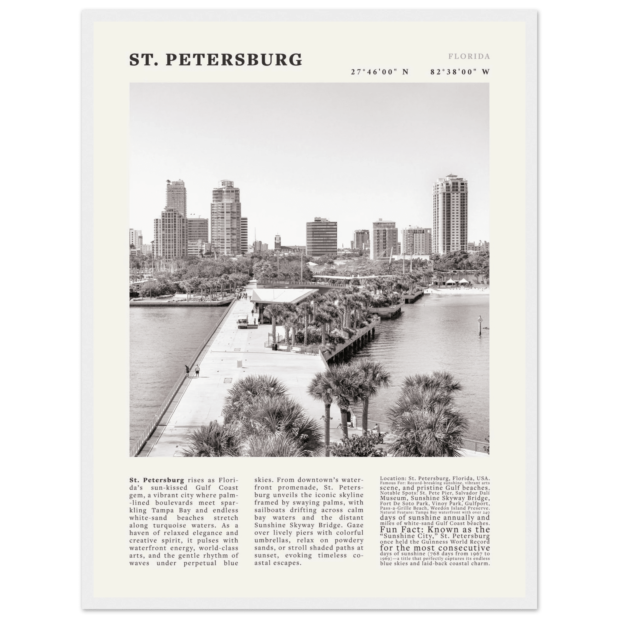 St. Petersburg Florida Poster Black and White – Vintage St Pete Skyline Print (Digital & Printed Options) - Evergreen Posters