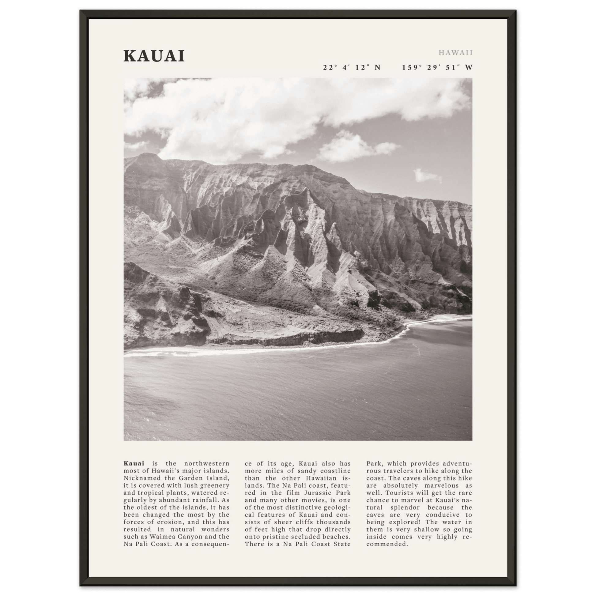 Kauai Poster | Black & White Na Pali Coast Wall Art | Hawaii Travel Print Decor - Evergreen Posters