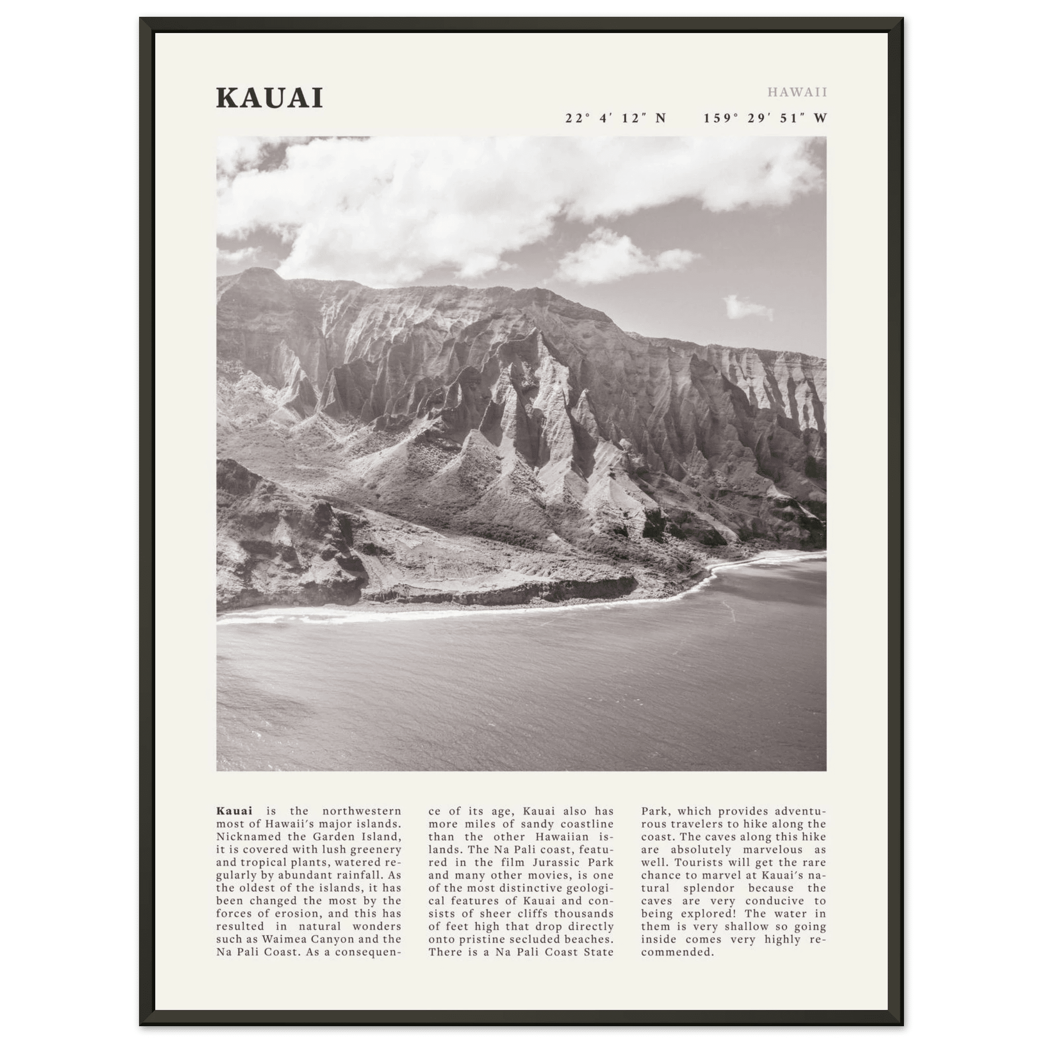 Kauai Poster | Black & White Na Pali Coast Wall Art | Hawaii Travel Print Decor - Evergreen Posters
