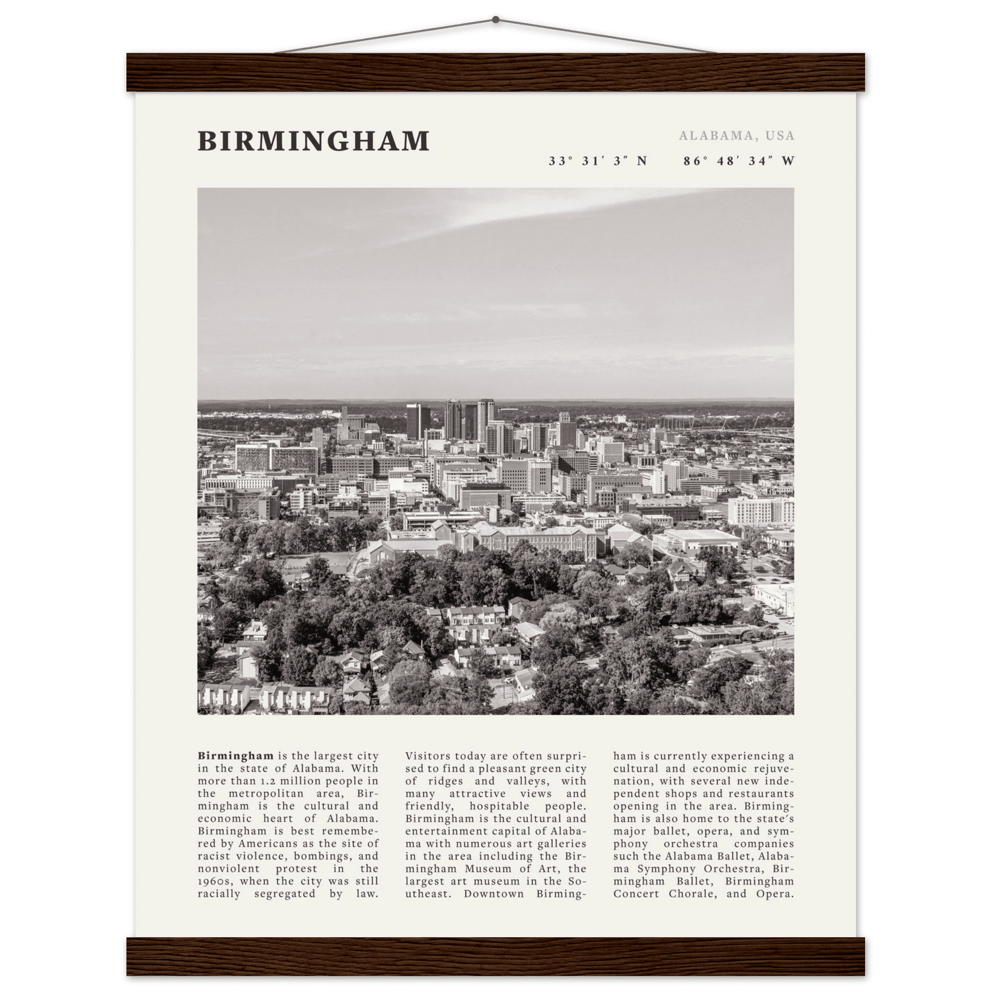 Birmingham Poster | Black & White Alabama Skyline Wall Art | AL Travel Print - Evergreen Posters