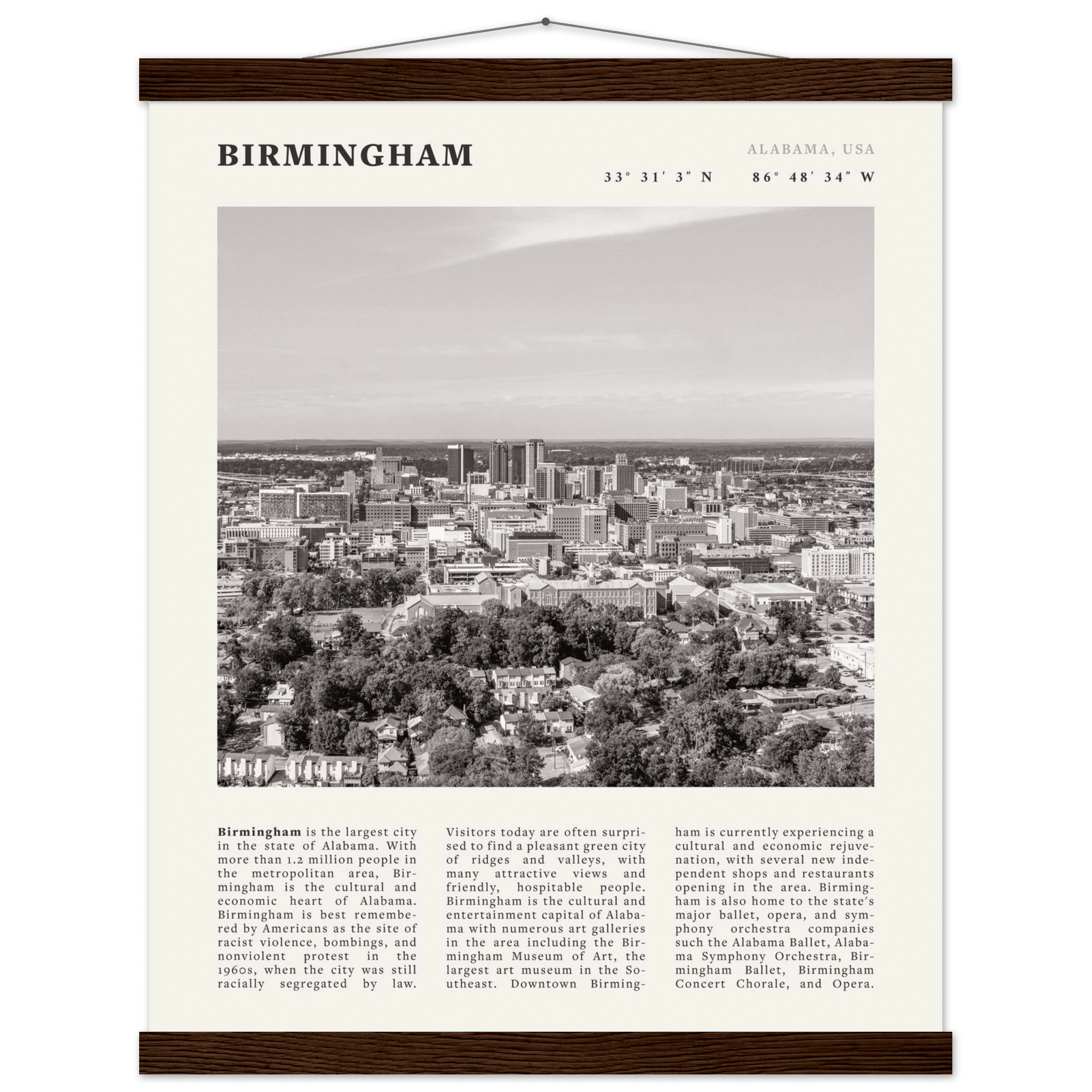 Birmingham Poster | Black & White Alabama Skyline Wall Art | AL Travel Print - Evergreen Posters