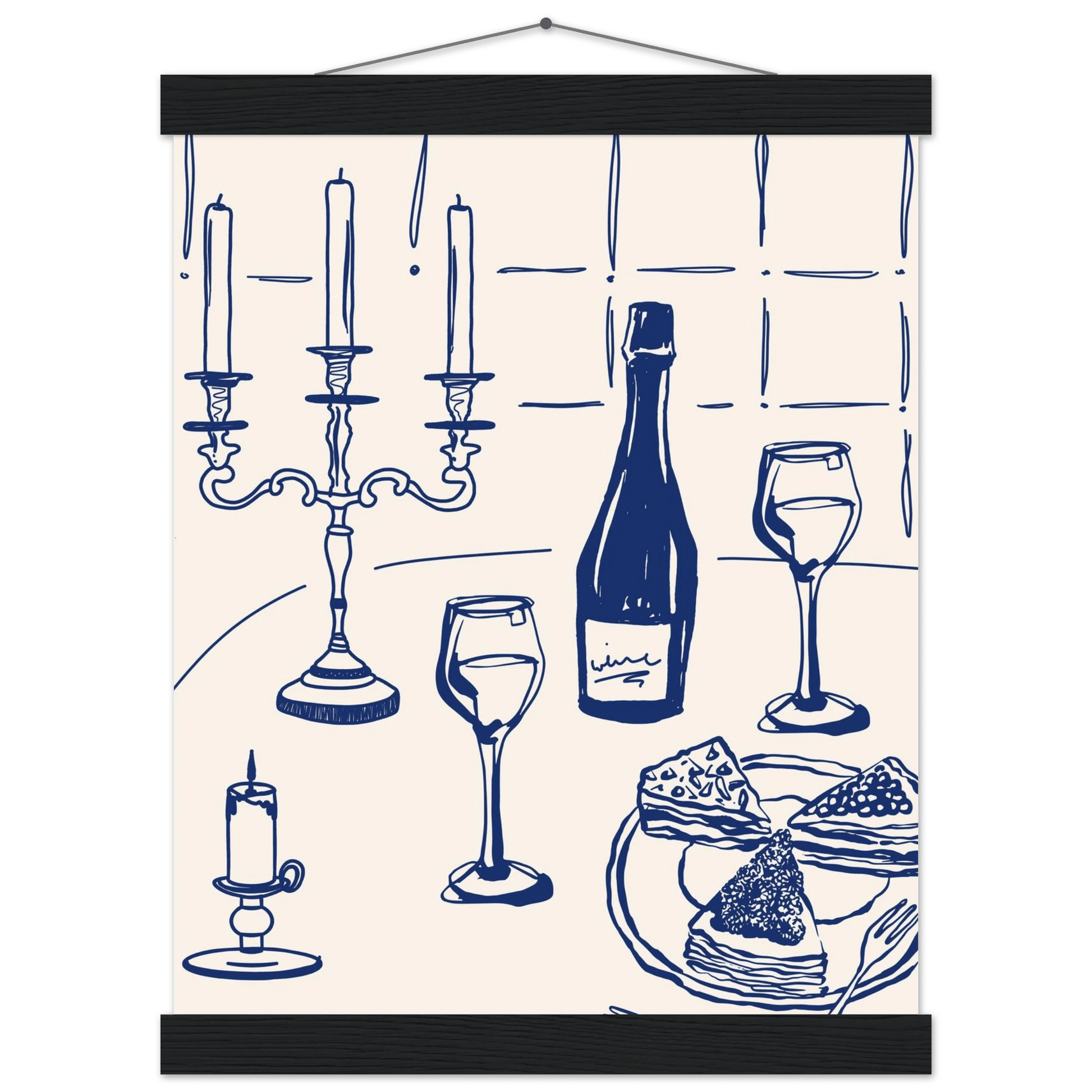 Candlelight Dinner Print | Navy Blue Wine & Candelabra Line Art | Kitchen Poster - Evergreen Posters