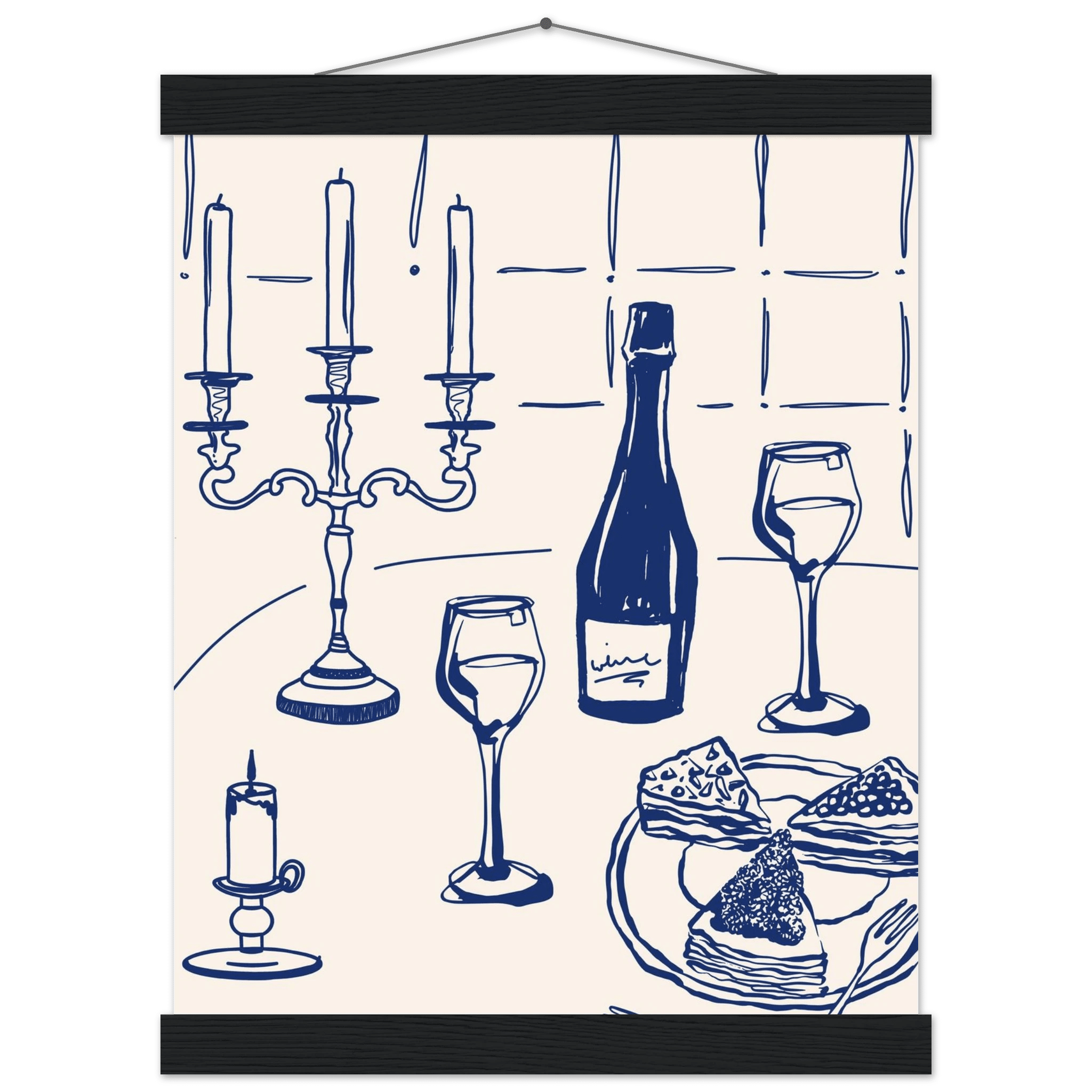 Candlelight Dinner Print | Navy Blue Wine & Candelabra Line Art | Kitchen Poster - Evergreen Posters