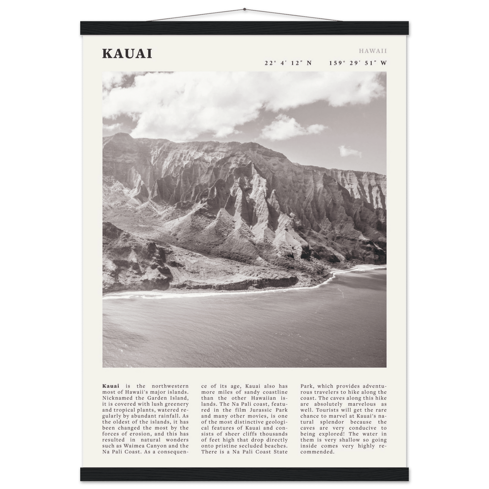 Kauai Poster | Black & White Na Pali Coast Wall Art | Hawaii Travel Print Decor - Evergreen Posters