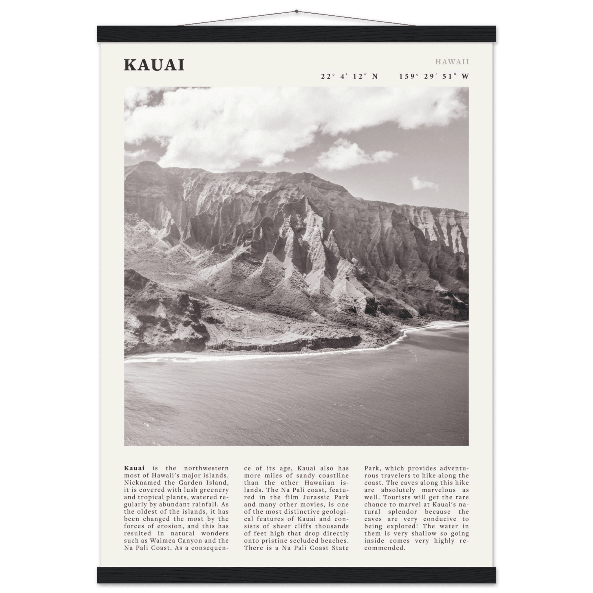 Kauai Poster | Black & White Na Pali Coast Wall Art | Hawaii Travel Print Decor - Evergreen Posters