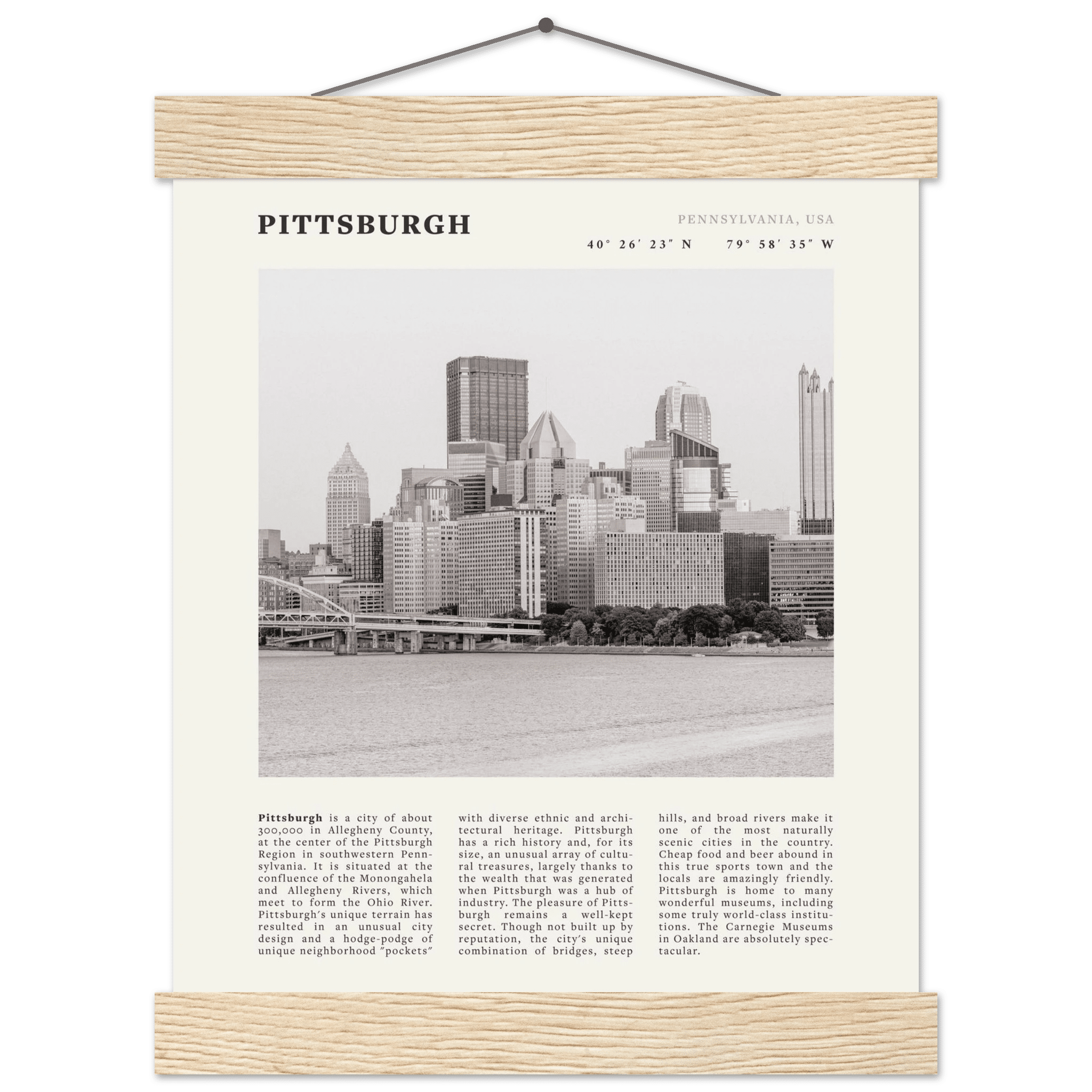Pittsburgh Poster | Black & White Pennsylvania Skyline Wall Art | PA Travel Print - Evergreen Posters