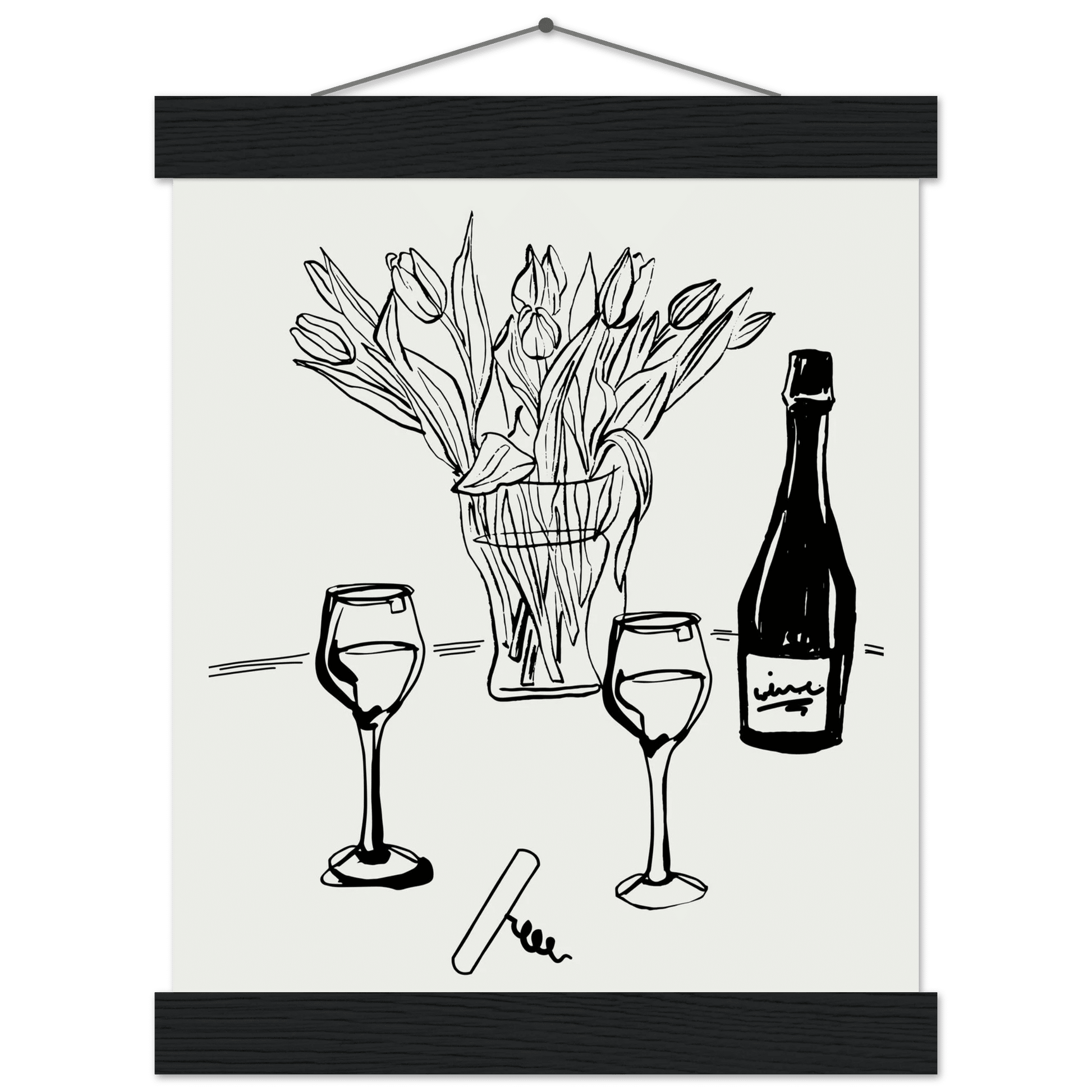 Wine & Tulips Print | Black Line Art Wine Bottle Wall Art | Minimalist Kitchen Poster - Evergreen Posters