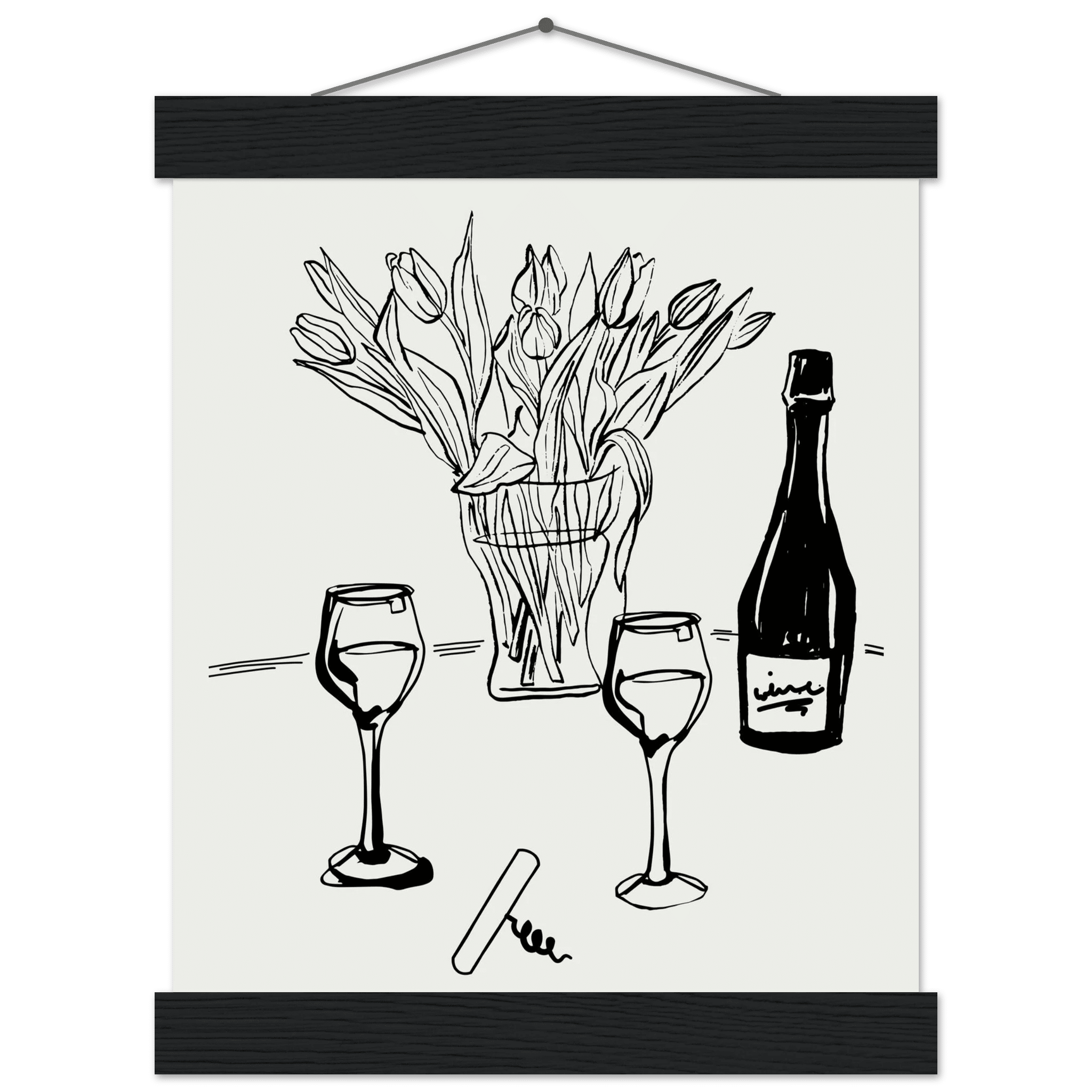 Wine & Tulips Print | Black Line Art Wine Bottle Wall Art | Minimalist Kitchen Poster - Evergreen Posters