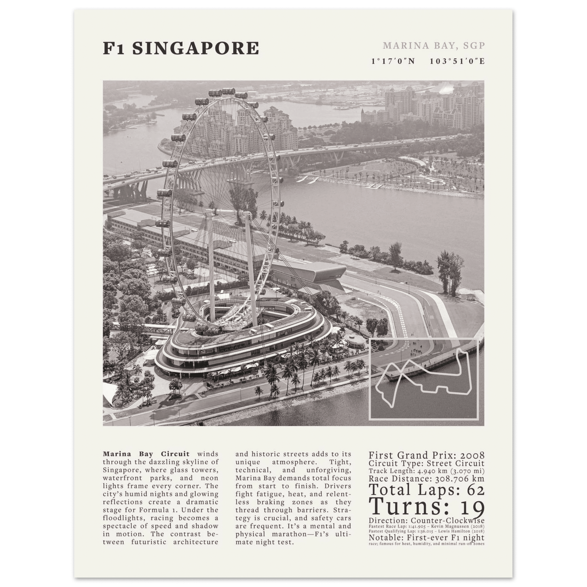 F1 Singapore Poster Black and White – Vintage Marina Bay Night Race Print (Digital & Printed Options) - Evergreen Posters