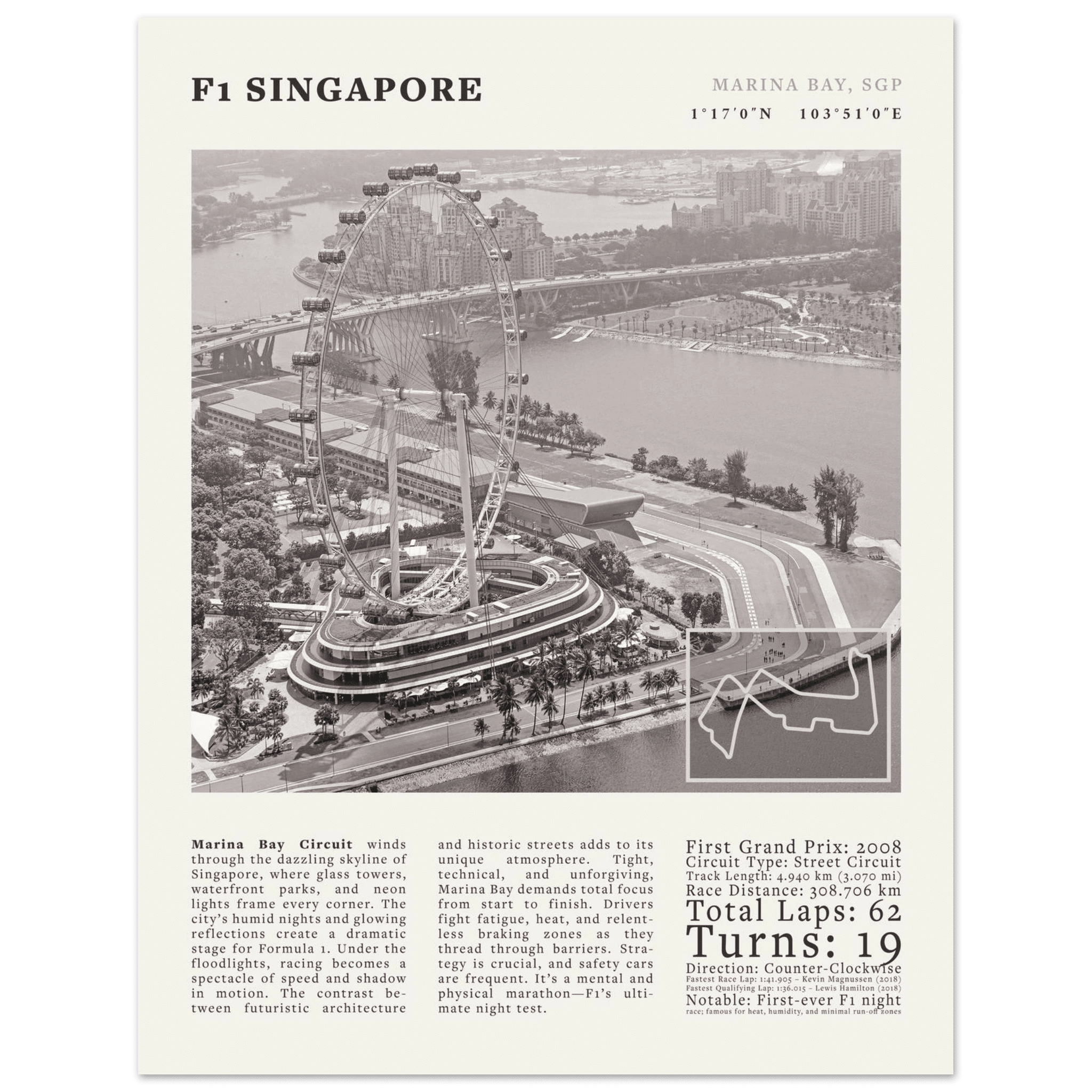 F1 Singapore Poster Black and White – Vintage Marina Bay Night Race Print (Digital & Printed Options) - Evergreen Posters