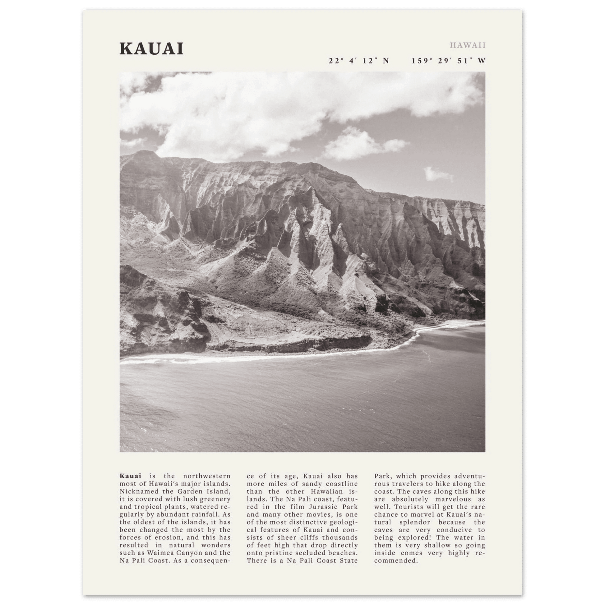 Kauai Poster | Black & White Na Pali Coast Wall Art | Hawaii Travel Print Decor - Evergreen Posters