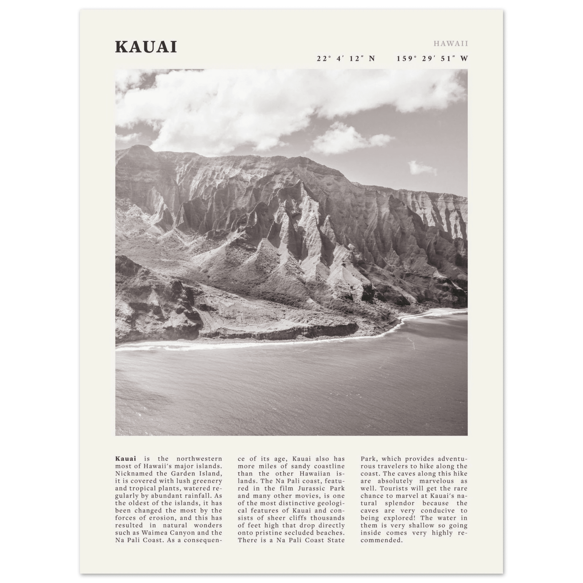 Kauai Poster | Black & White Na Pali Coast Wall Art | Hawaii Travel Print Decor - Evergreen Posters