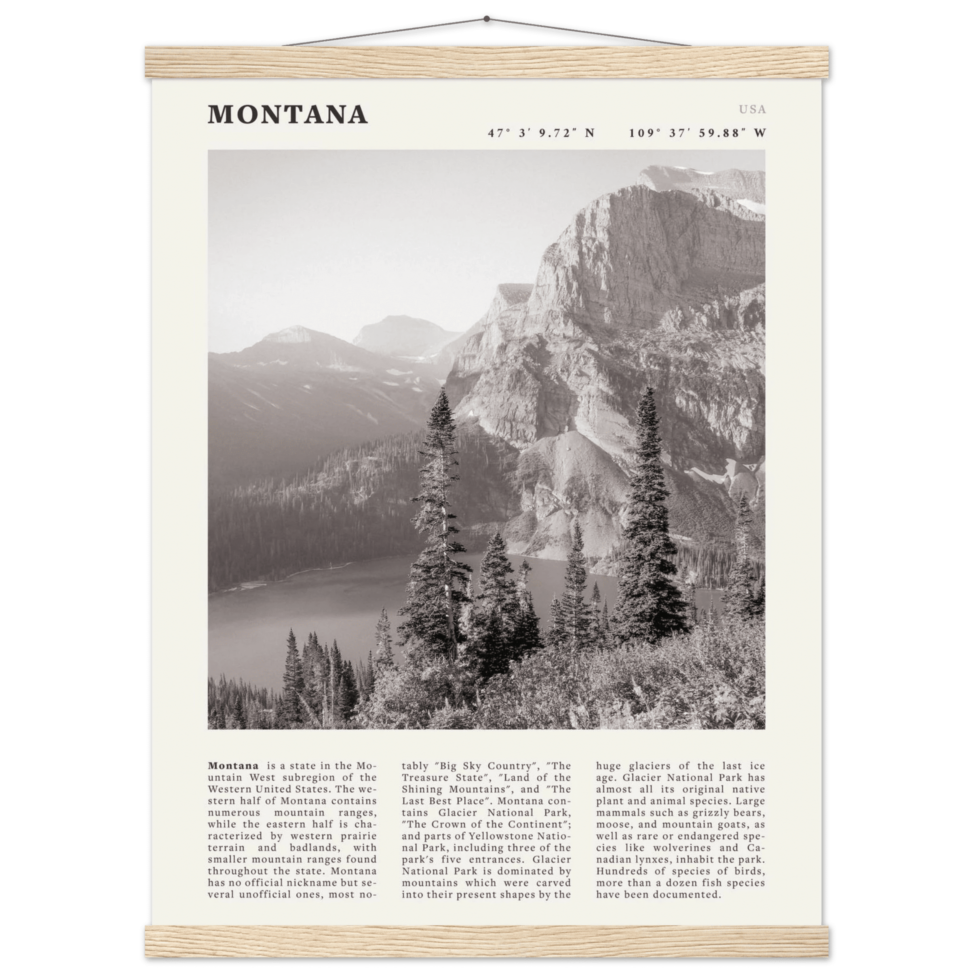 Montana Poster | Black & White Glacier National Park Wall Art | Nature Travel Print - Evergreen Posters