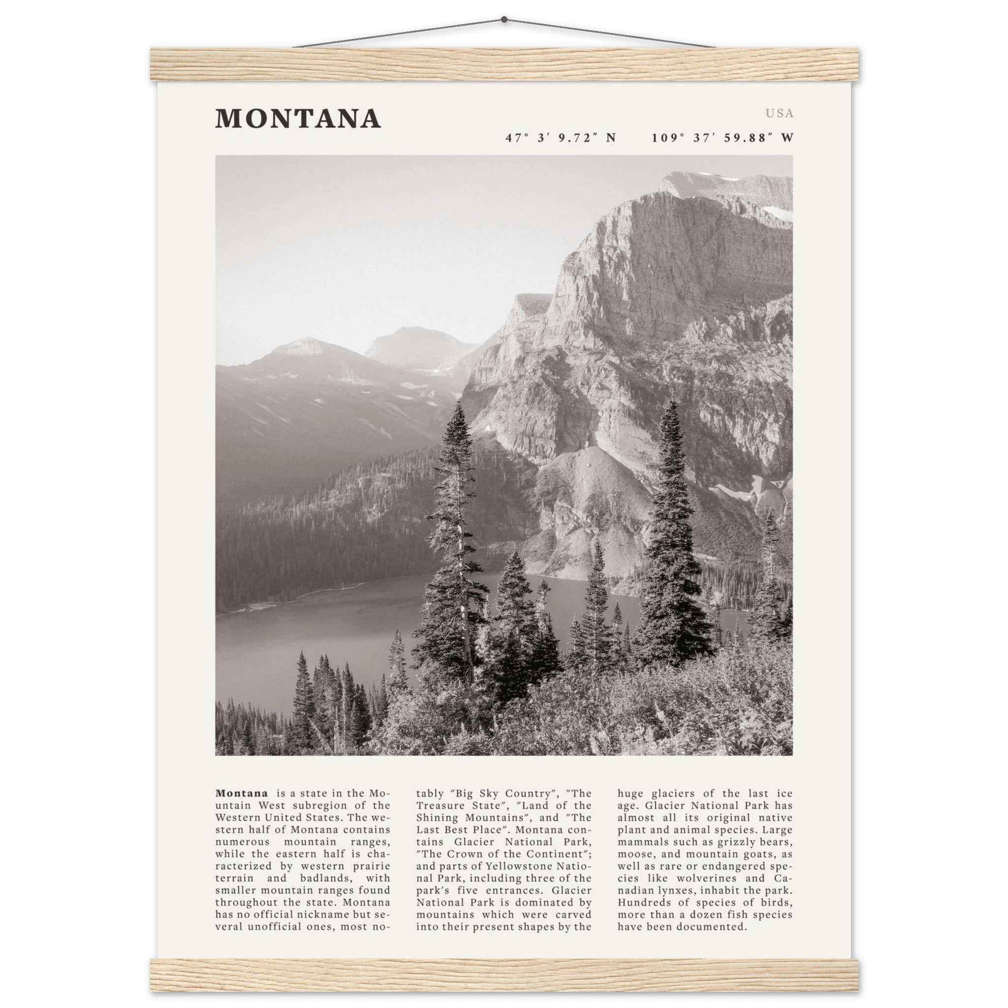 Montana Poster | Black & White Glacier National Park Wall Art | Nature Travel Print - Evergreen Posters