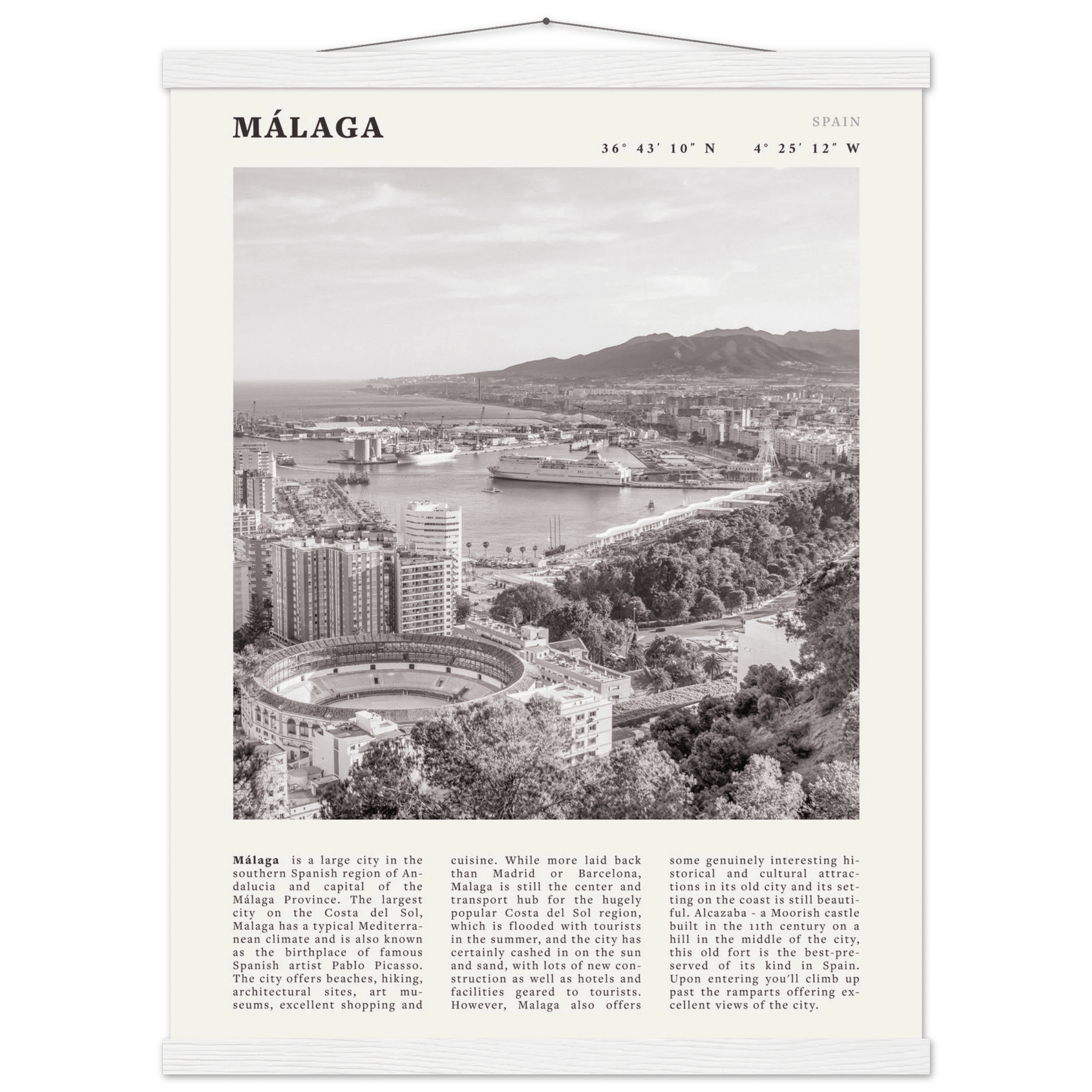 Málaga Poster | Black & White Costa del Sol Wall Art | Spain Travel Print - Evergreen Posters