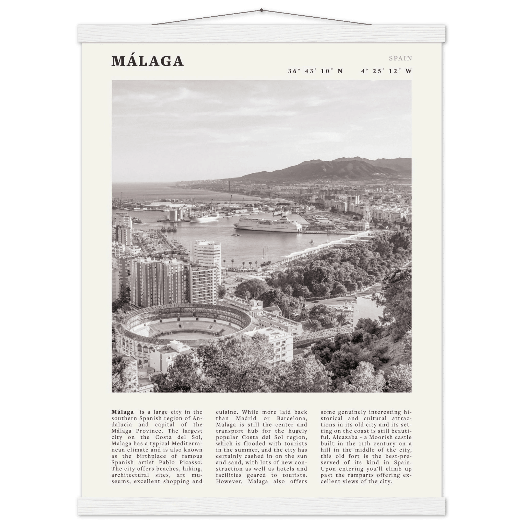 Málaga Poster | Black & White Costa del Sol Wall Art | Spain Travel Print - Evergreen Posters