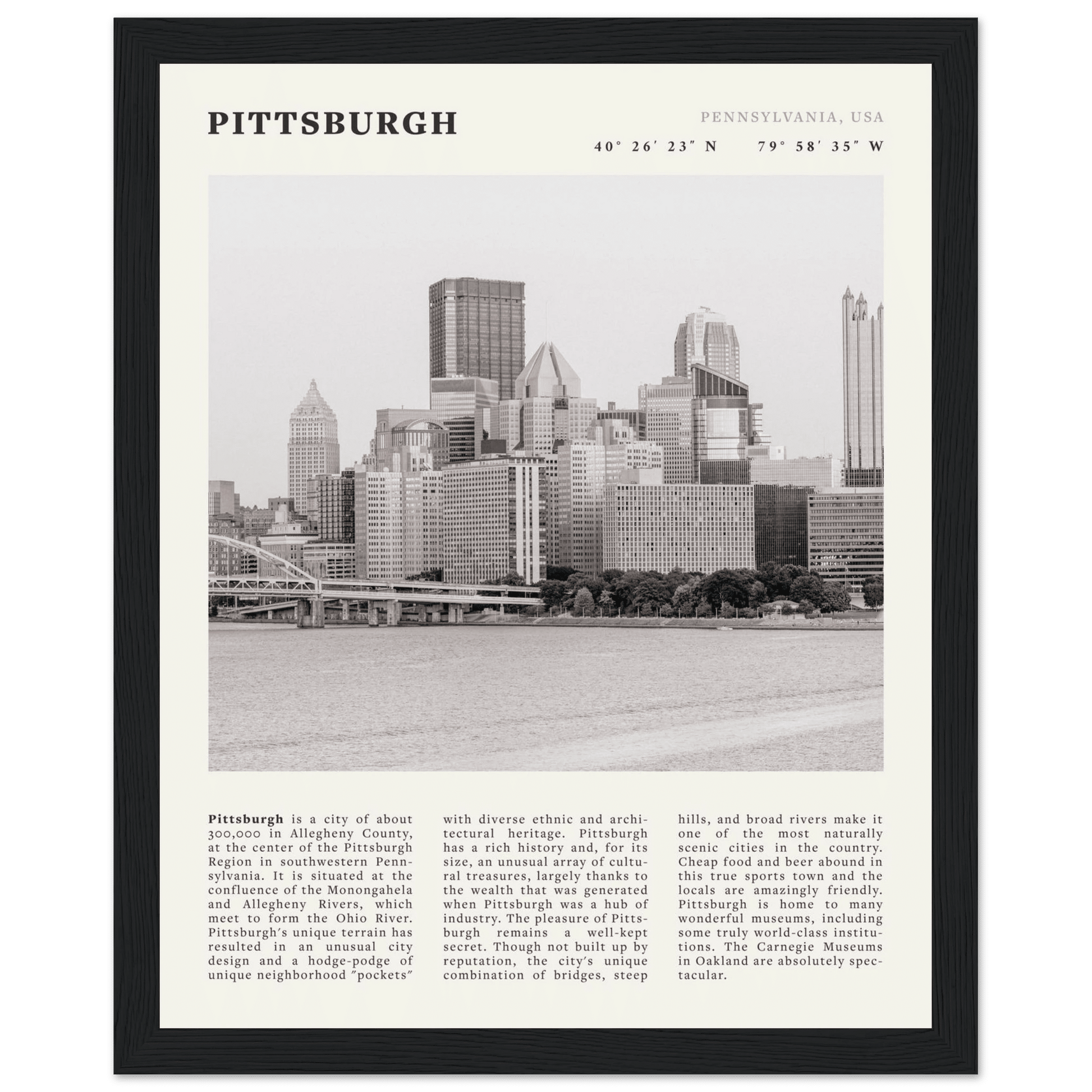 Pittsburgh Poster | Black & White Pennsylvania Skyline Wall Art | PA Travel Print - Evergreen Posters