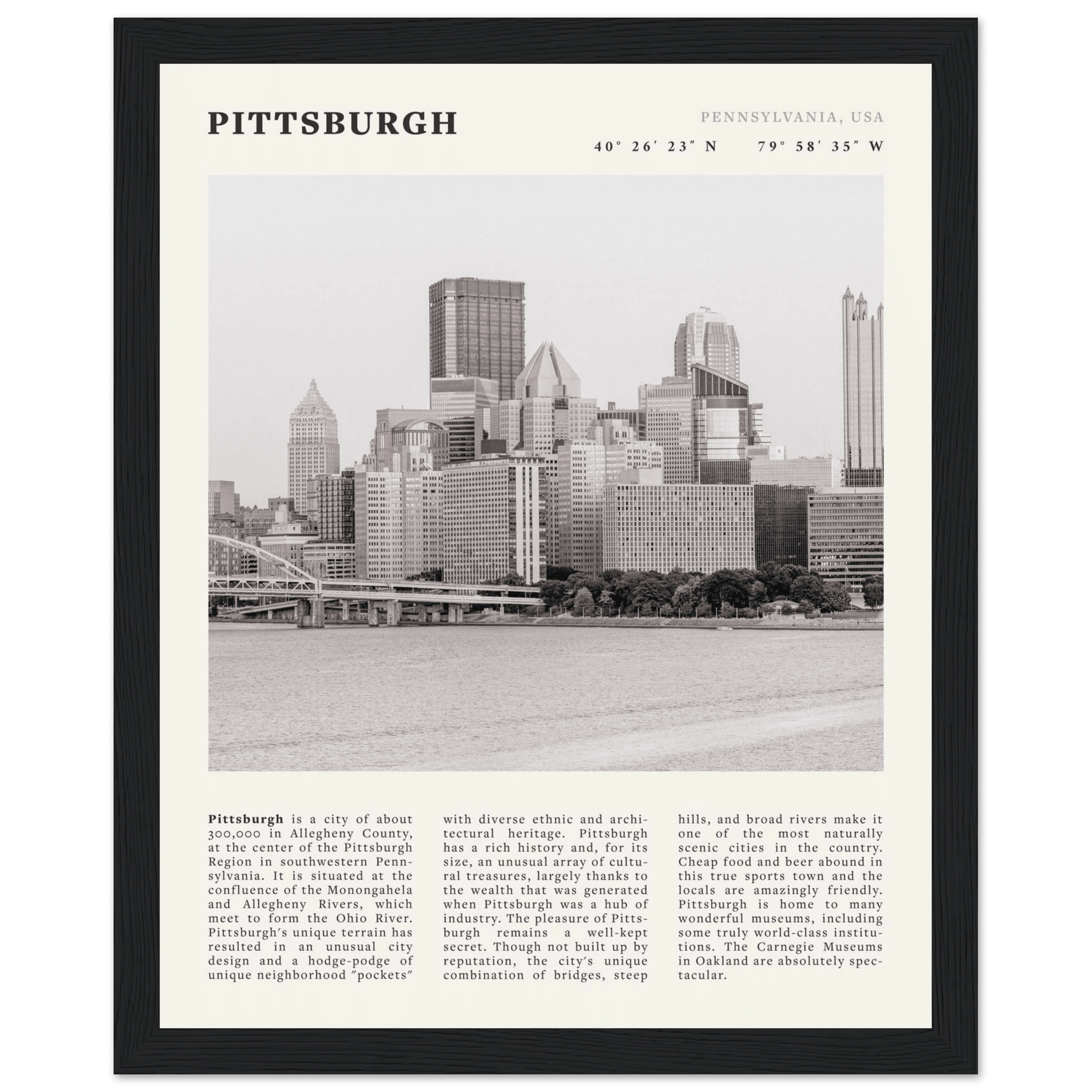 Pittsburgh Poster | Black & White Pennsylvania Skyline Wall Art | PA Travel Print - Evergreen Posters