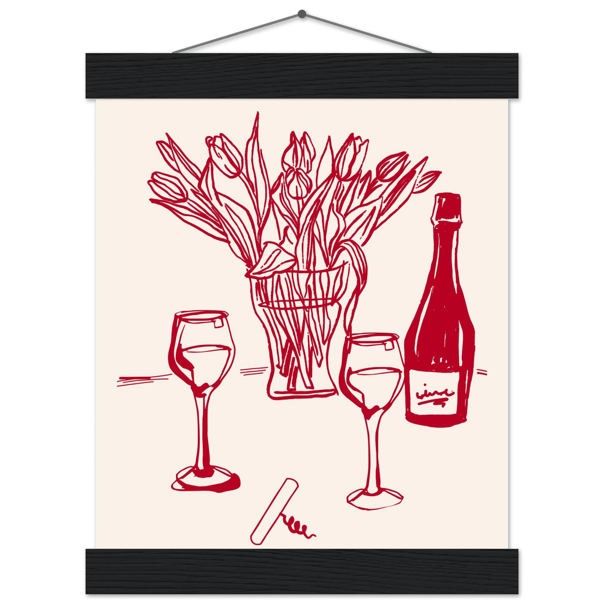 Red Wine & Tulips Print | Line Art Wine Bottle Wall Art | Kitchen Poster - Evergreen Posters