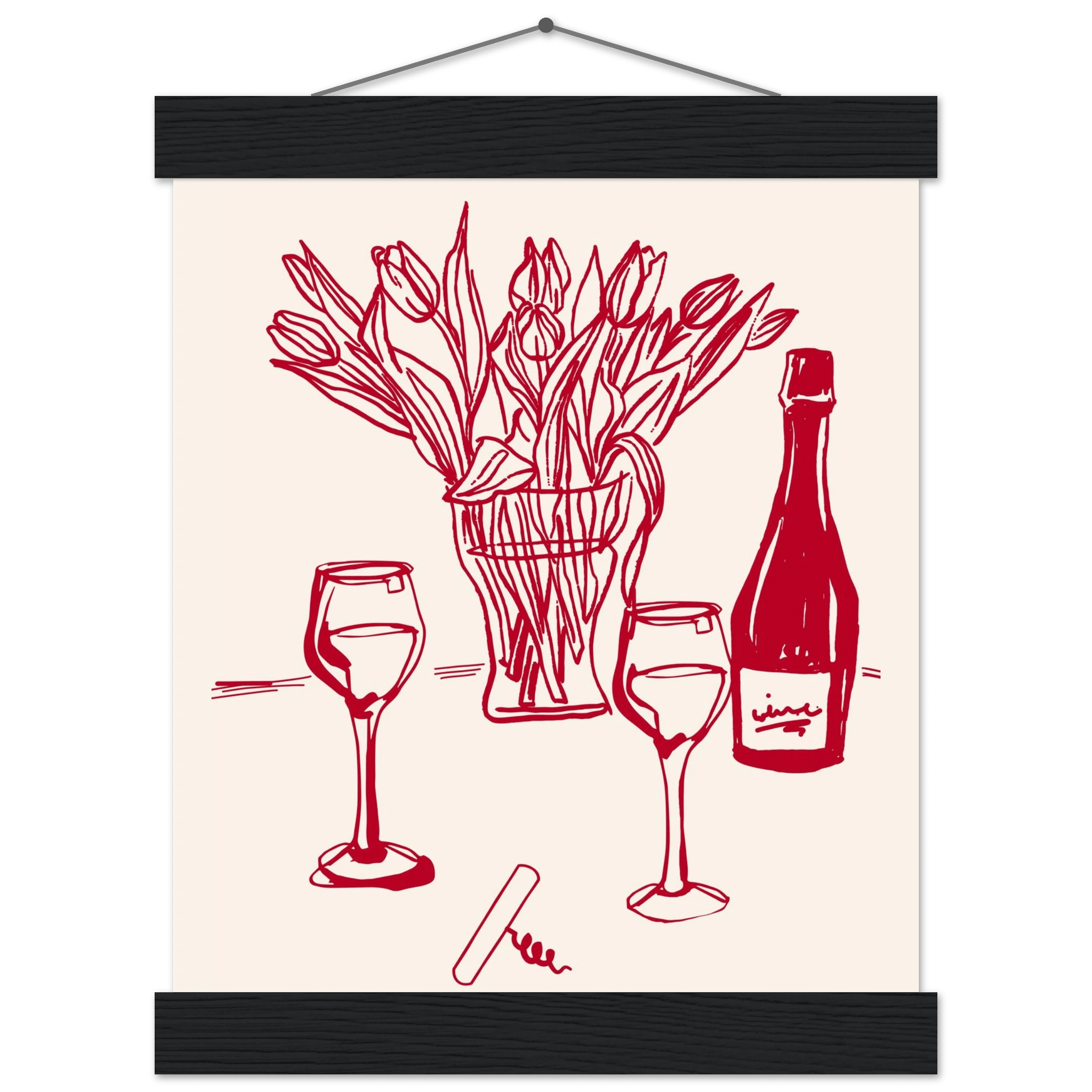 Red Wine & Tulips Print | Line Art Wine Bottle Wall Art | Kitchen Poster - Evergreen Posters