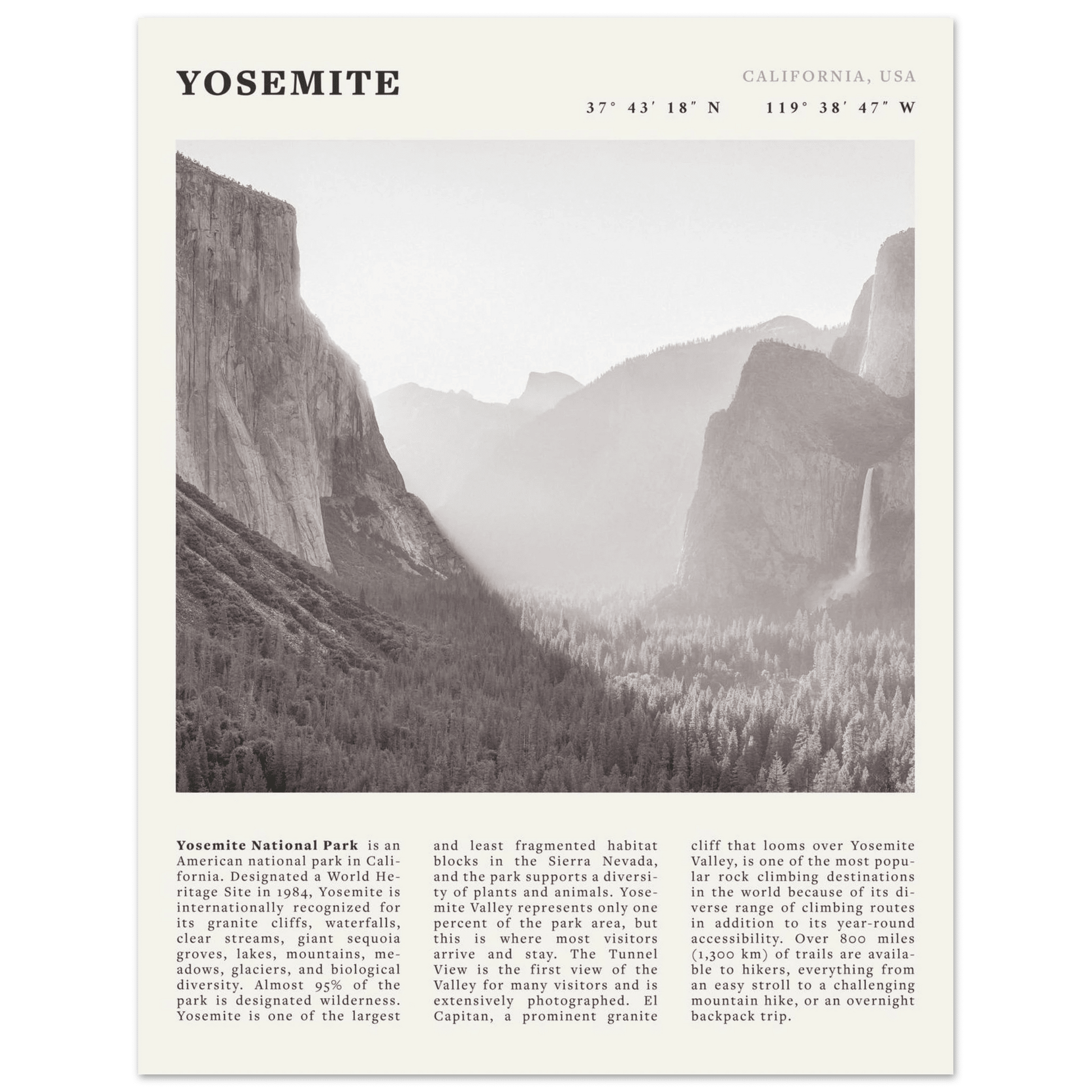 Yosemite Poster | Black & White National Park Wall Art | California Nature Print - Evergreen Posters